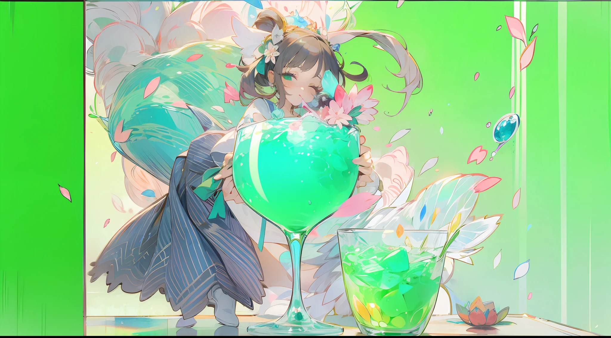 A kawaii girl is pouring a cocktail with a flourish, petals of blue and green cascading around her as she creates a dazzling display.