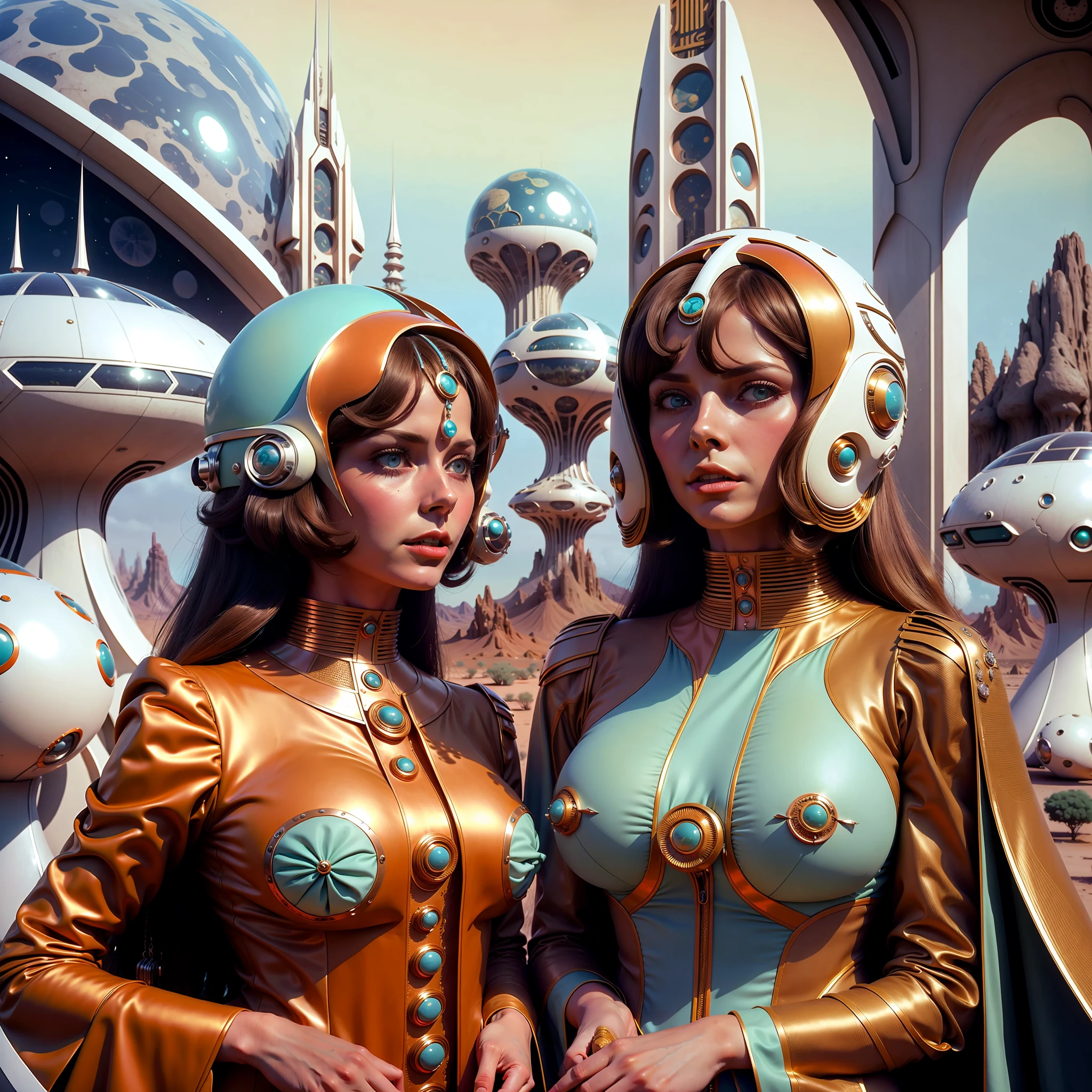 4k image from a 1970s science fiction film, pastels colors, people wearing retro-futuristic fashion clothes and futuristic technological ornaments and devices, Luz Natural, cinemactic, Psicodelia, retro-futurista, photo-realistic, olhos perfeitos, perfect hands, cabelo perfeito, ricos detalhes do rosto, hiper detalhado, hyper realistic, textura real da pele, texturas de tecido real, Sharp background details, sharp render.