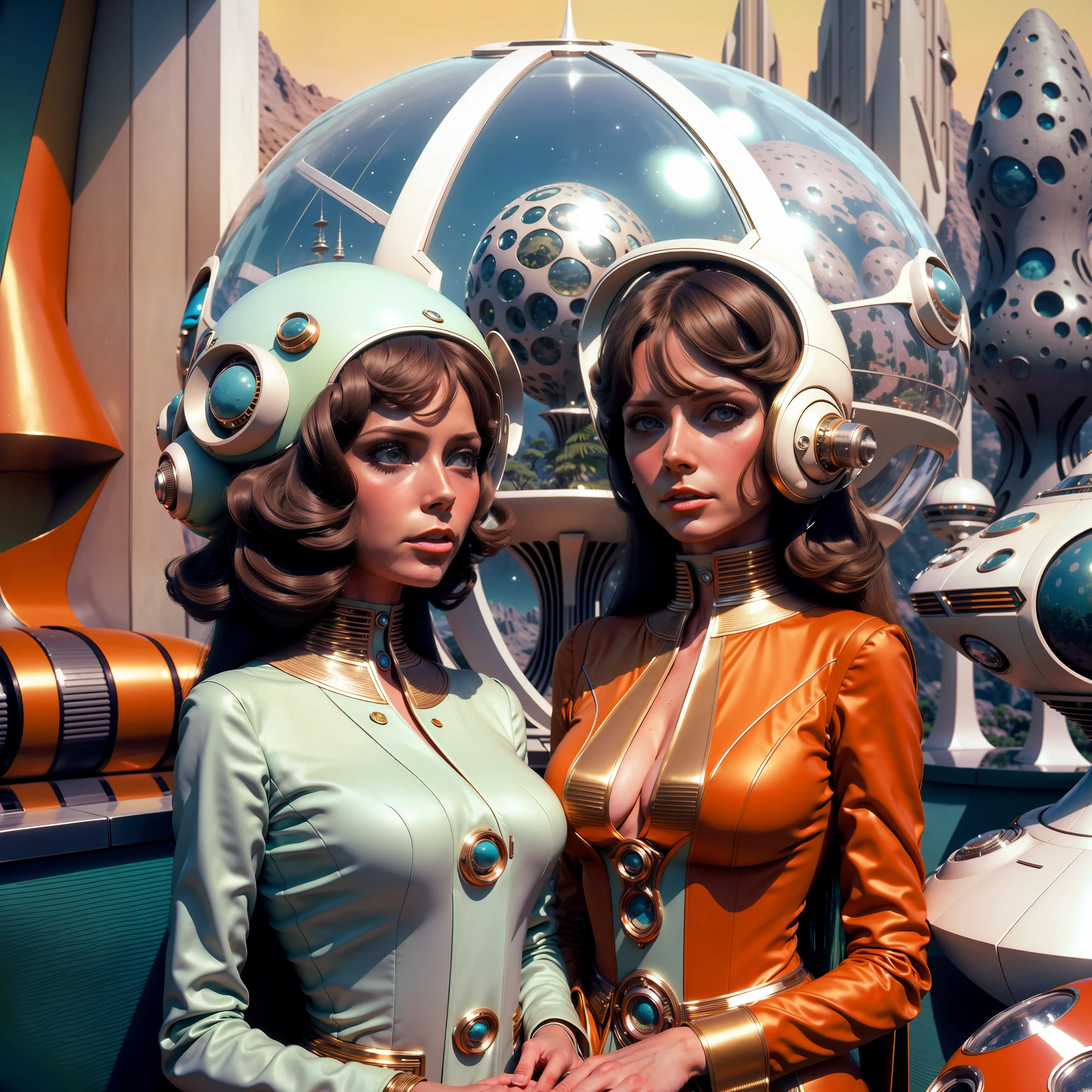 4k image from a 1970s science fiction film, pastels colors, people wearing retro-futuristic fashion clothes and futuristic technological ornaments and devices, Luz Natural, cinemactic, Psicodelia, retro-futurista, photo-realistic, olhos perfeitos, perfect hands, cabelo perfeito, ricos detalhes do rosto, hiper detalhado, hyper realistic, textura real da pele, texturas de tecido real, Sharp background details, sharp render.