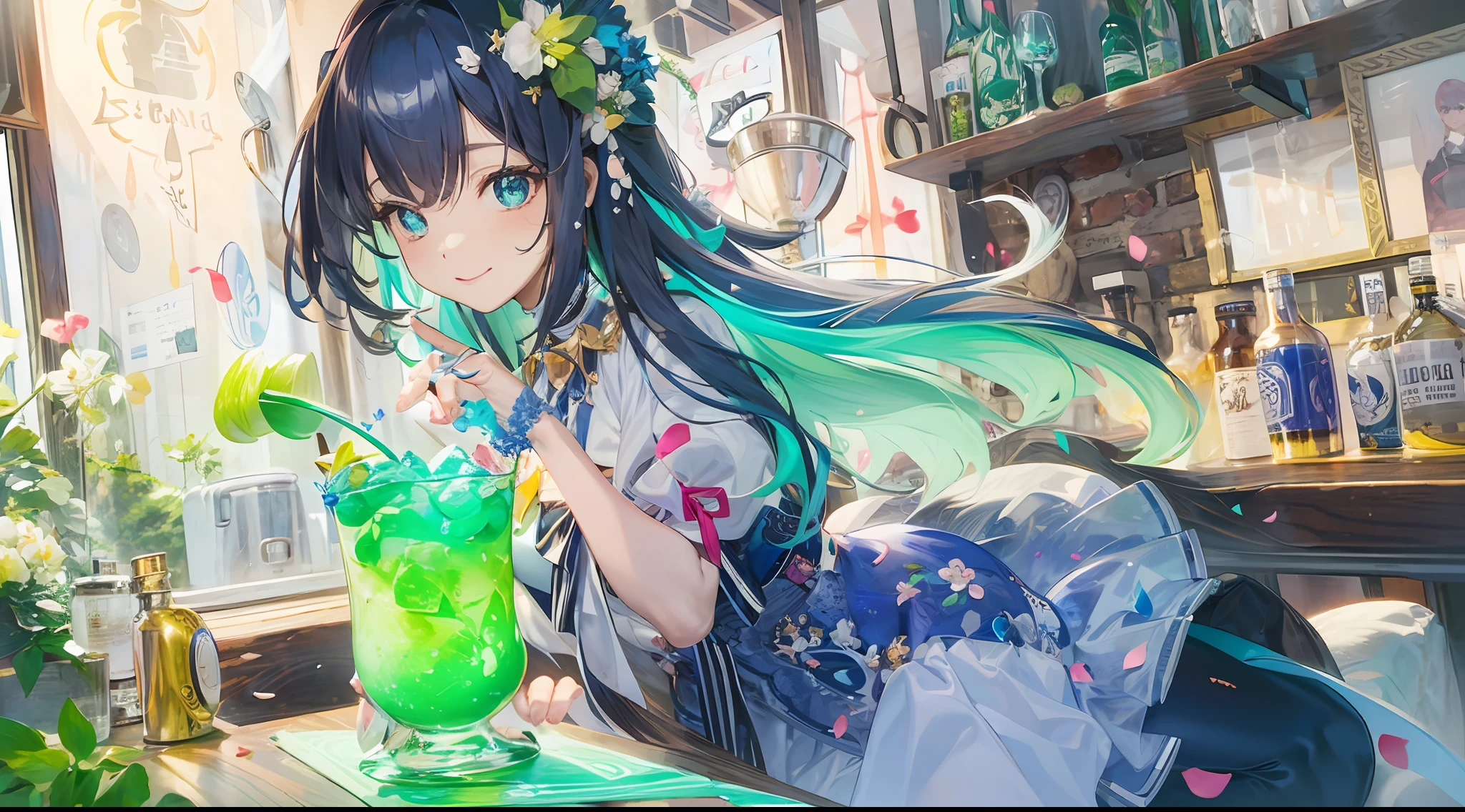 A kawaii girl is pouring a cocktail with a flourish, petals of blue and green cascading around her as she creates a dazzling display.