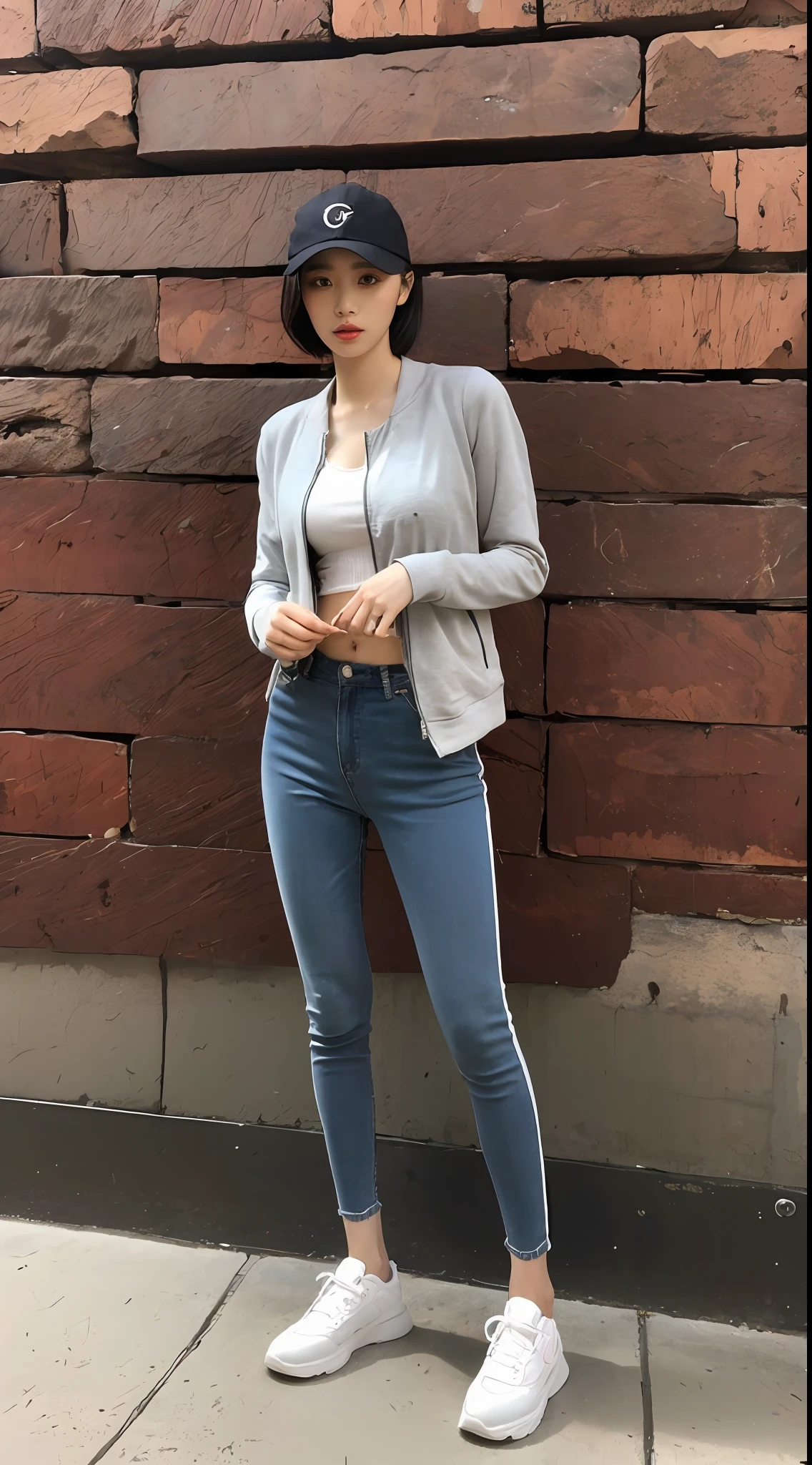 Stunning beauty，full body shot shot，track suit，skinny pants，White tourist shoes，Short ear-length hair，wear cap，Grand canyon，small stream，Towering chest，huge-breasted，a beauti，A girl,Solo，Heads-up lens