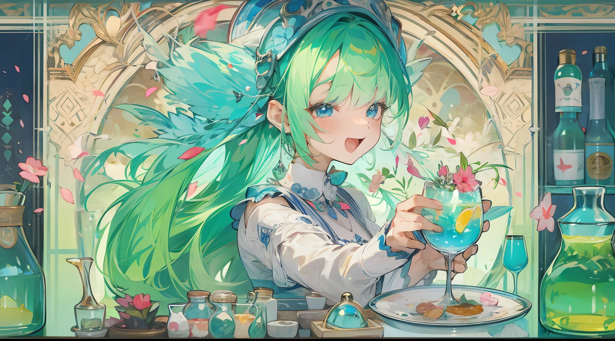 A kawaii girl is pouring a cocktail with a flourish, petals of blue and green cascading around her as she creates a dazzling display.