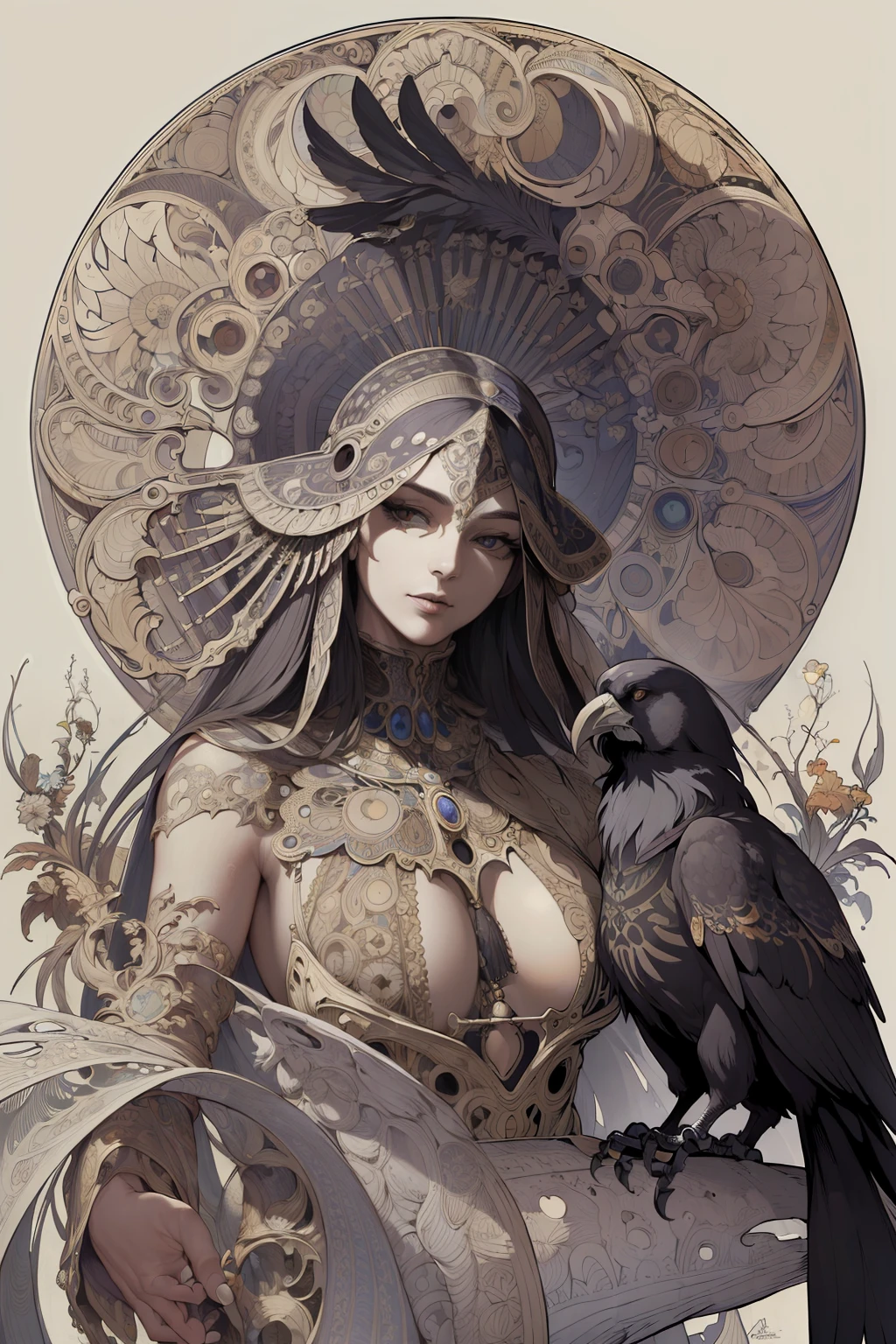 (Masterpiece, Best Quality, Highres:1.4), Detailed, Intricate Details, 4K,
color splashes, line art, art, fibonacci, alphons mucha, ((crow))