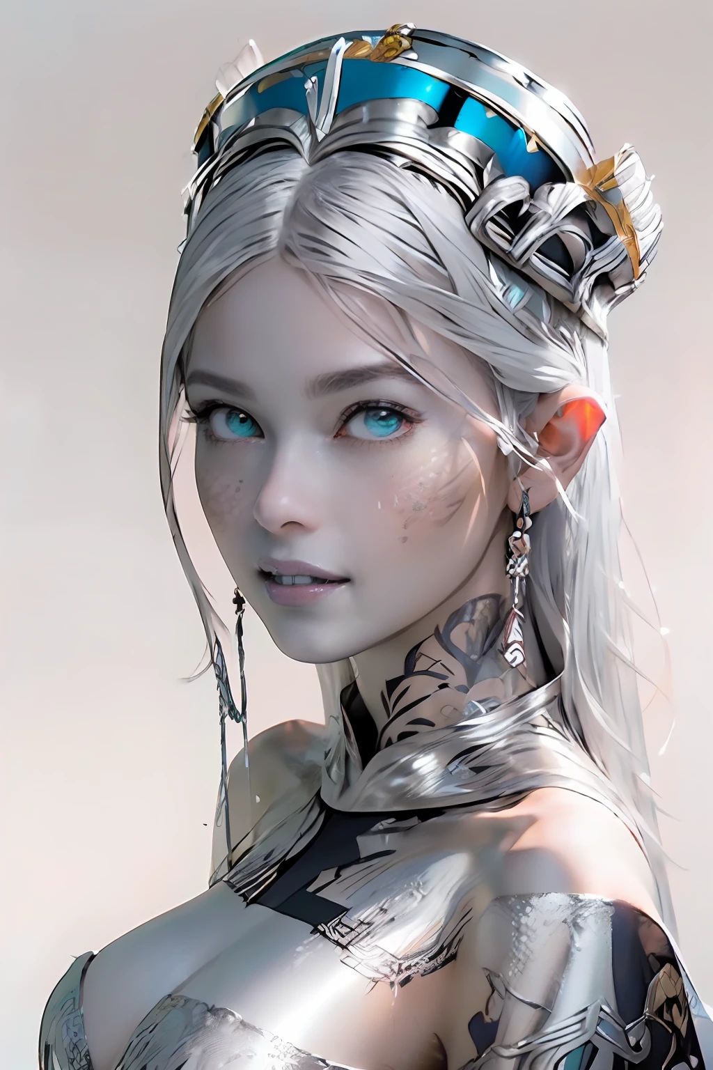 Ultra-detailed complex 3D rendering of the face, (masterpiece, top quality, octane rendering,), glamour shots full body image, very beautiful young elves, cleavage, (highly detailed skin: 1.2), (exposure: 1.1), ((blue micro bikini: 1.95)))). , 8k, (((very soft breasts)), (((conspicuous large pink areola)), beautiful Caucasian woman with white skin with full soft breasts with big buttocks, one, long braided hair, big breasts, dynamic angles, (((huge breasts: 2.4)), ultra-realistic photos, ((((((silver hair)))), futuristic urban background, facial muscles, (((((detailed and glamorous silver crown)))), In the style of Marvel Comics, ArtStation Trends, Clear Focus, Intricate Details, Very Detailed, Detailed Green Eyes, Sharp Focus, Digital Rendering, Professional, Abs, Lip Gloss, Glossy Skin, Sexy Pose, Golden Tattoo All Over Body, Silver Pattern All Over Body, Silver Lame Skin, Gold Glitter Skin, Mansuji, Buttocks, Jeweled All Over the Body, with silver scales, silver hair,