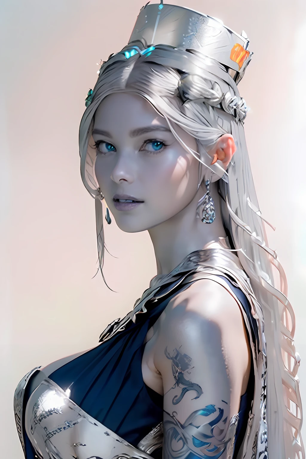 Ultra-detailed complex 3D rendering of the face, (masterpiece, top quality, octane rendering,), glamour shots full body image, very beautiful young elves, cleavage, (highly detailed skin: 1.2), (exposure: 1.1), ((blue micro bikini: 1.95)))). , 8k, (((very soft breasts)), (((conspicuous large pink areola)), beautiful Caucasian woman with white skin with full soft breasts with big buttocks, one, long braided hair, big breasts, dynamic angles, (((huge breasts: 2.4)), ultra-realistic photos, ((((((silver hair)))), futuristic urban background, facial muscles, (((((detailed and glamorous silver crown)))), In the style of Marvel Comics, ArtStation Trends, Clear Focus, Intricate Details, Very Detailed, Detailed Green Eyes, Sharp Focus, Digital Rendering, Professional, Abs, Lip Gloss, Glossy Skin, Sexy Pose, Golden Tattoo All Over Body, Silver Pattern All Over Body, Silver Lame Skin, Gold Glitter Skin, Mansuji, Buttocks, Jeweled All Over the Body, with silver scales, silver hair,