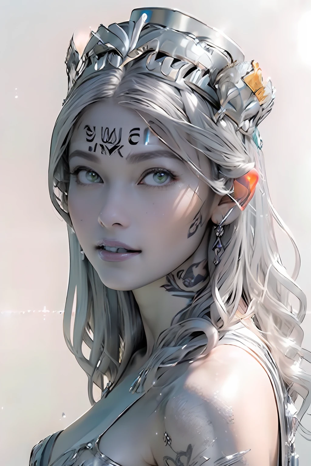 Ultra-detailed complex 3D rendering of the face, (masterpiece, top quality, octane rendering,), glamour shots full body image, very beautiful young elves, cleavage, (highly detailed skin: 1.2), (exposure: 1.1), ((blue micro bikini: 1.95)))). , 8k, (((very soft breasts)), (((conspicuous large pink areola)), beautiful Caucasian woman with white skin with full soft breasts with big buttocks, one, long braided hair, big breasts, dynamic angles, (((huge breasts: 2.4)), ultra-realistic photos, ((((((silver hair)))), futuristic urban background, facial muscles, (((((detailed and glamorous silver crown)))), In the style of Marvel Comics, ArtStation Trends, Clear Focus, Intricate Details, Very Detailed, Detailed Green Eyes, Sharp Focus, Digital Rendering, Professional, Abs, Lip Gloss, Glossy Skin, Sexy Pose, Golden Tattoo All Over Body, Silver Pattern All Over Body, Silver Lame Skin, Gold Glitter Skin, Mansuji, Buttocks, Jeweled All Over the Body, with silver scales, silver hair,