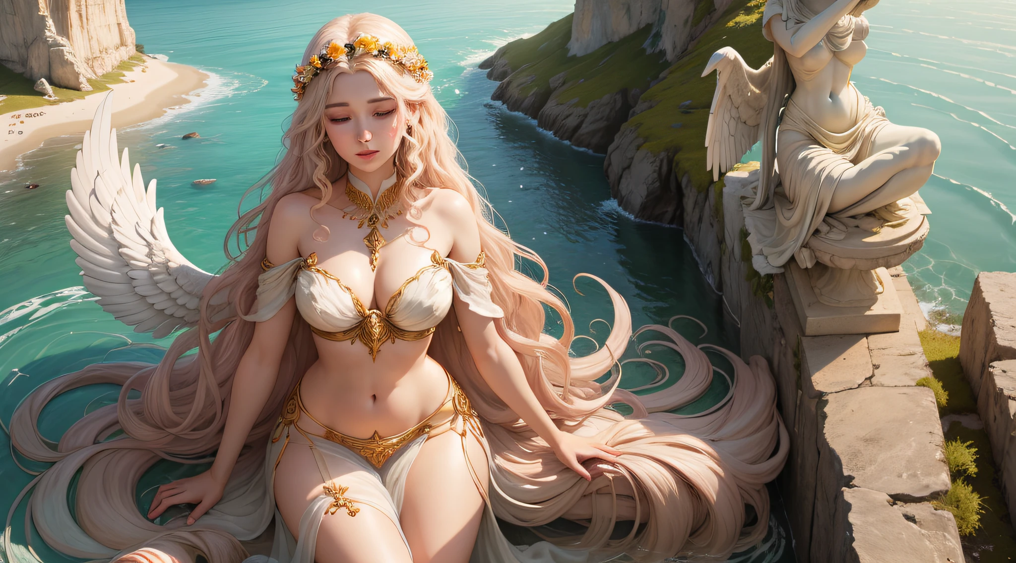 Na imagem fantasiosa de Afrodite, a deusa grega do amor, Beauty and passion, We see a heavenly and enchanting figure who personifies the essence of love and femininity.
It is positioned in a golden shell, emerging from the waters of the sea, symbolizing his legendary birth of the waves. Her slender body is adorned with light, translucent garments, em tons suaves e delicados, that merge with the colors of the sky at sunset.
Your hair is long and fluid, floating in the wind like water, highlighting its connection to the natural elements. Exotic flowers and colorful petals spread around you, representing its association with spring and the blossoming of love.
Aphrodite's face is depicted with soft, endearing features, your eyes expressing wisdom and grace. A soft smile curves his lips, evoking a sense of serenity and benevolence.
Ao seu redor, small winged cupids dance in the air, tocando suas liras e espalhando flechas de amor por toda a paisagem. As flechas brilham em tons cintilantes, symbolizing the magical power of love that Aphrodite personifies.
In the distance, no horizonte do mar, vislumbramos as silhuetas de outros deuses e deusas gregos, who observe and celebrate the presence of Aphrodite, Recognizing its fundamental role in harmony and human relations.
This fanciful image of Aphrodite personifies her ethereal beauty, seu poder como divindade do amor e seu papel central na mitologia grega. She is portrayed as a divine figure who inspires and captivates, evocando sentimentos de amor, Admiration and reverence.