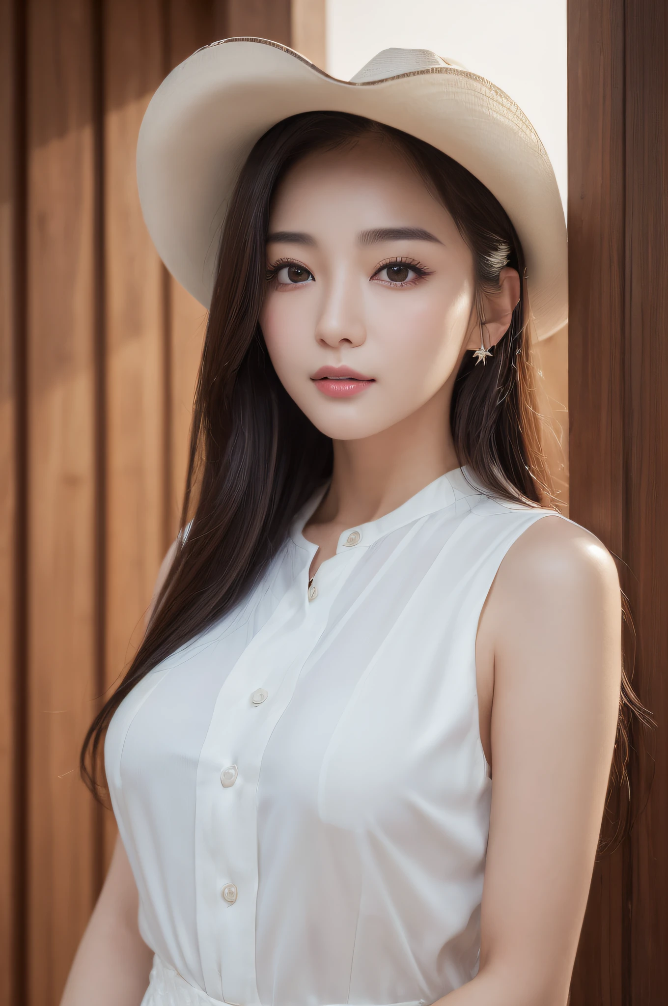 ((best qualtiy、8k masterpieces:1.3))、foco nítido:1.2、(ultra beautiful faces:1.0)、(shinny skin:1.0)、photos realistic、A dark-haired、Video Lighting、High-definition eyes and face、Video Lighting、(cowboy shot:1.3)、(Korean Cute Actress)、from the front side、ssmile、Sleeveless、Wearing a white blouse