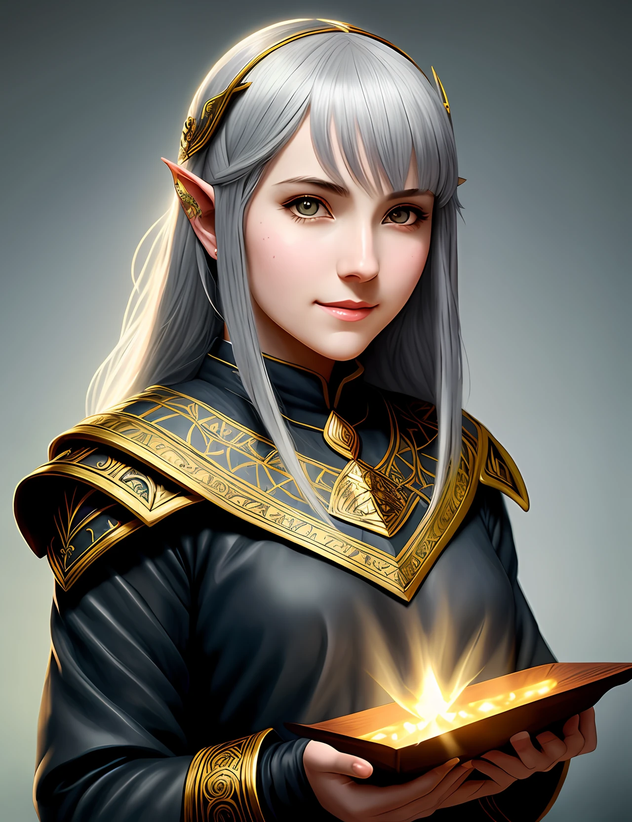Anime - style image of a woman with a magical book, portrait female elf wizard, Retrato de uma rainha elfa, elfo feminino bonito e elegante, Retrato de elfo muito bonito, Elfo Feminino, elven character with smirk, Retrato de um elfo, Menina elfa, Um retrato de um elfo, de um elfo de anel elden, Cavaleiro elfo sedutor da princesa
