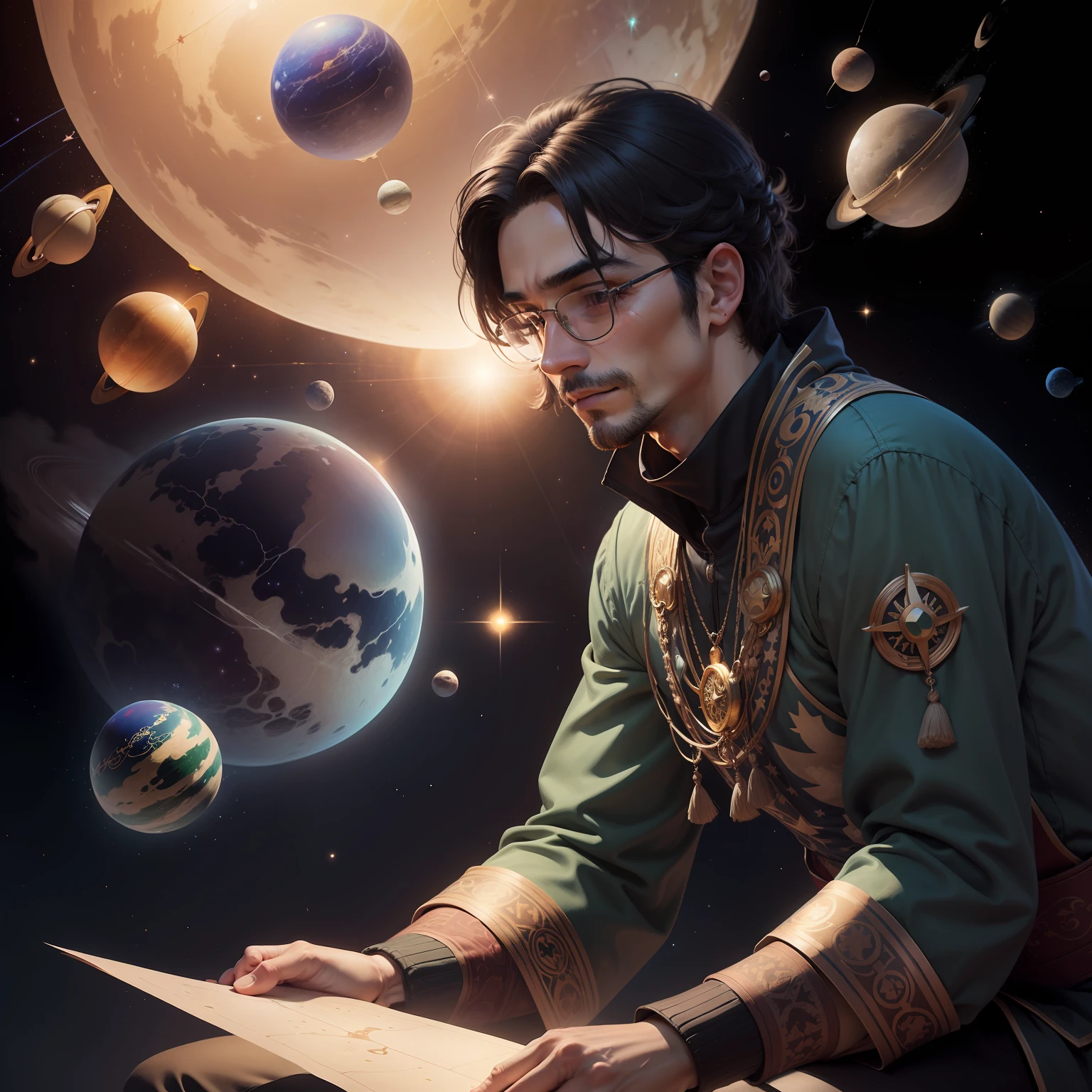 Ilustre a pessoa em frente a um mapa astral, Interpreting the positions of planets and stars to make astrological predictions, symbolizing belief in the influence of celestial bodies on human destiny.