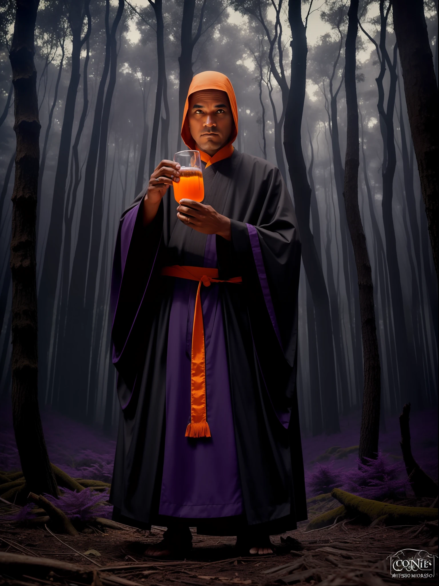 (monje misterioso, com olhos roxos, capa preta, in a dark forest with purple vegetation, with orange potion in hand)
