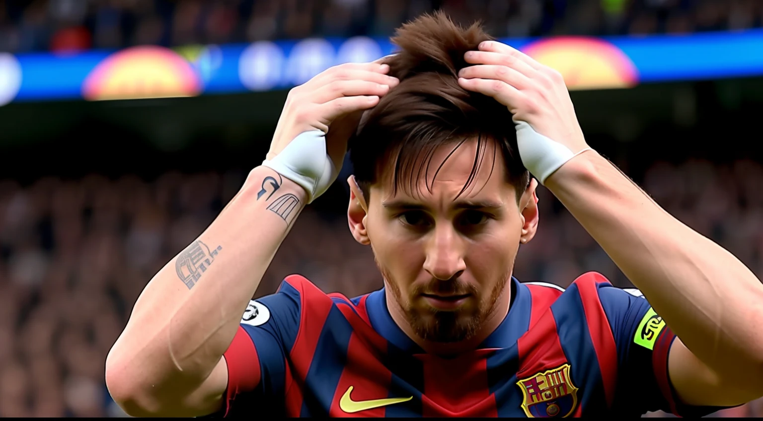 Messi, scared with a hand covering his mouth, realistic, perfection