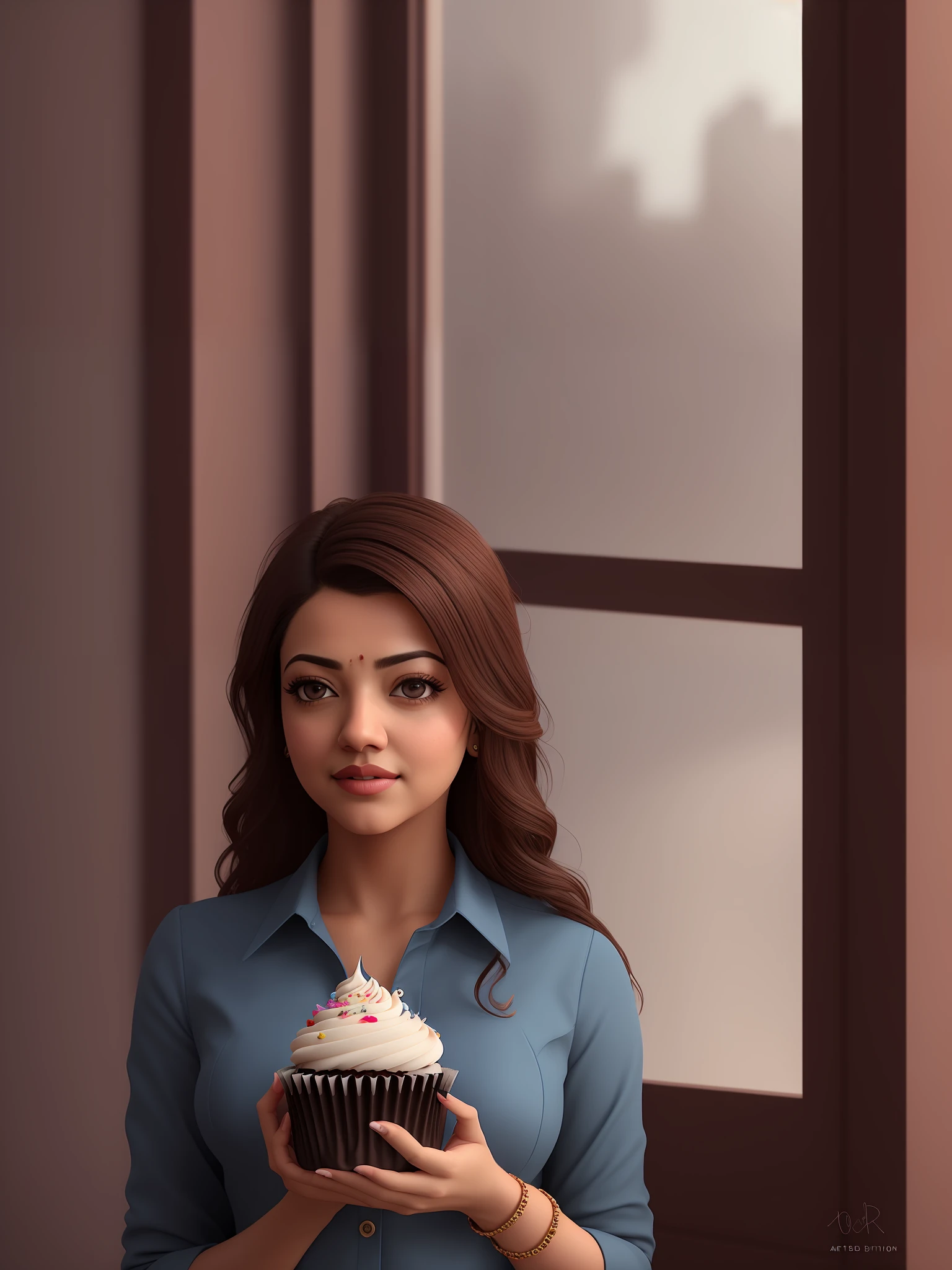 a women kajal agarwal, secretary attire, cupcake in her hands, school, indoors, (soothing tones:1.25), (hdr:1.25), (artstation:1.2), dramatic, (intricate details:1.14), (hyperrealistic 3d render:1.16), (filmic:0.55), (rutkowski:1.1), (faded:1.3)
