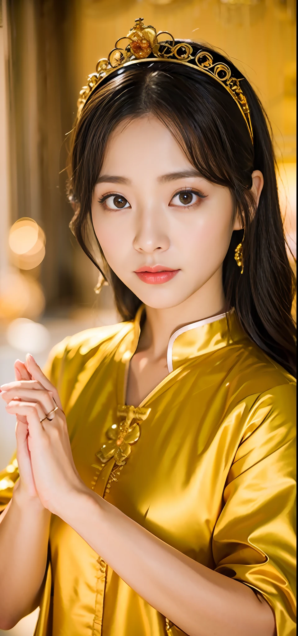 1girl in、NSFW、top-quality、​masterpiece、超A high resolution、(Photorealsitic:1.4)、Raw photo、（15 year old beautiful girl）、Straight long hair、glowy skin、Dramatic Writing、（Golden see-through leotard）、（Golden transparent fluttering robe）、（Golden Buddha Statue）、（Golden Guanyin Bodhisattva Statue）Locket、（（Golden Very Small Tiara））、（Pray）（Standing whole body）、（（delicate finger、Delicate hand））、（delicate paws）、（large full breasts、Clean raised bust）、（Locket）、（（Golden garter stockings））、（（Golden Ancient Temple Wall））、（Blur the background）、（One boob is visible）、（Woman Praying）、（Pray with Your Hands Together）、Full body、standingn、