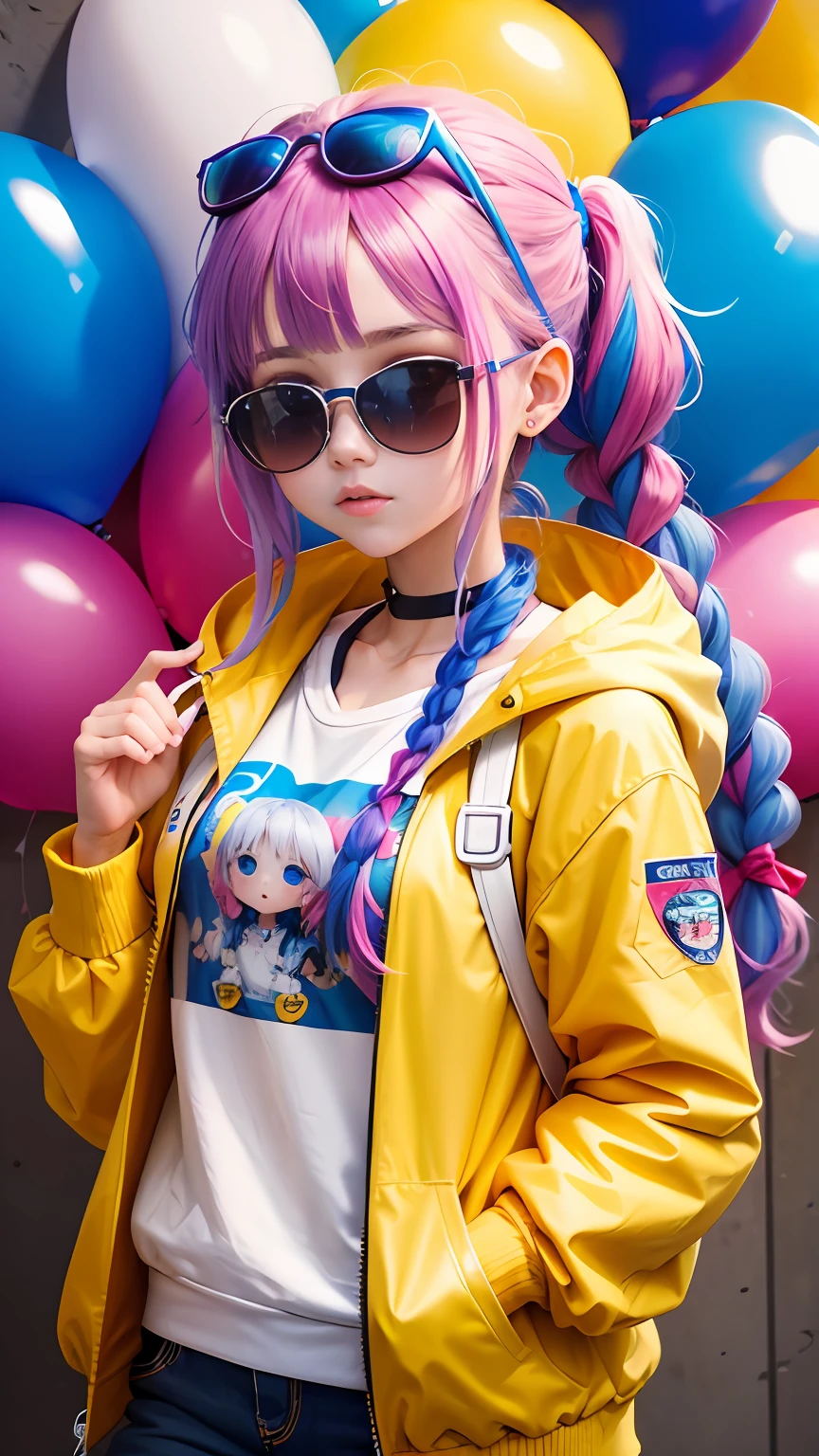 girl, Beautiful and beautiful, wearing blue sunglasses, yellow jacket, white sweatshirt, Lots of colorful balloons, Baby face, estilo chibi, Red and blue bicolor hair, Hair in a braided in a ponytail, perfect detail eyes, delicated face, Perfect CG, HD image quality, Colorful balloons, Heaven, Travis