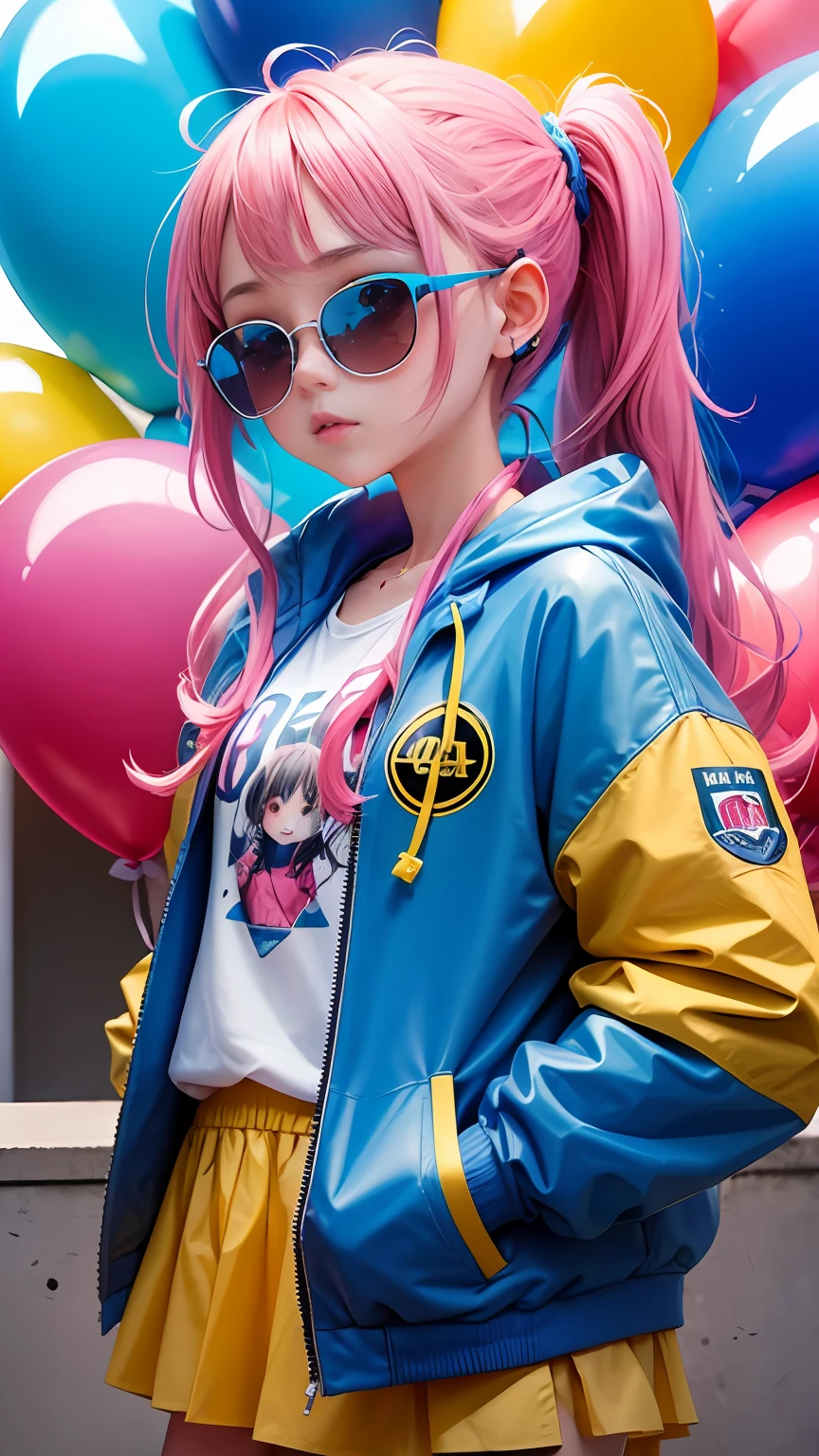  girl, Beautiful and beautiful, wearing blue sunglasses, yellow jacket, white sweatshirt, Lots of colorful balloons, Babytilo chibi, Red and blue bicolor hair, Hair in a braided in a ponytail, perfect detail eyes, delicated face, Perfect CG, HD image quality, Colorful balloons, Heaven, Travis