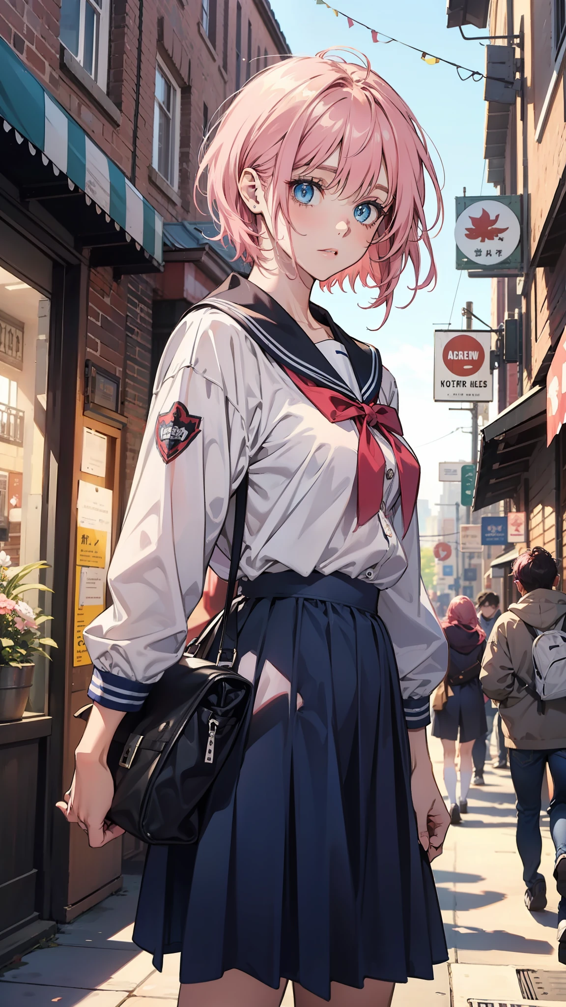 Beautiful ager short pink hair goosebumps blue eyes high school clothes square scenery