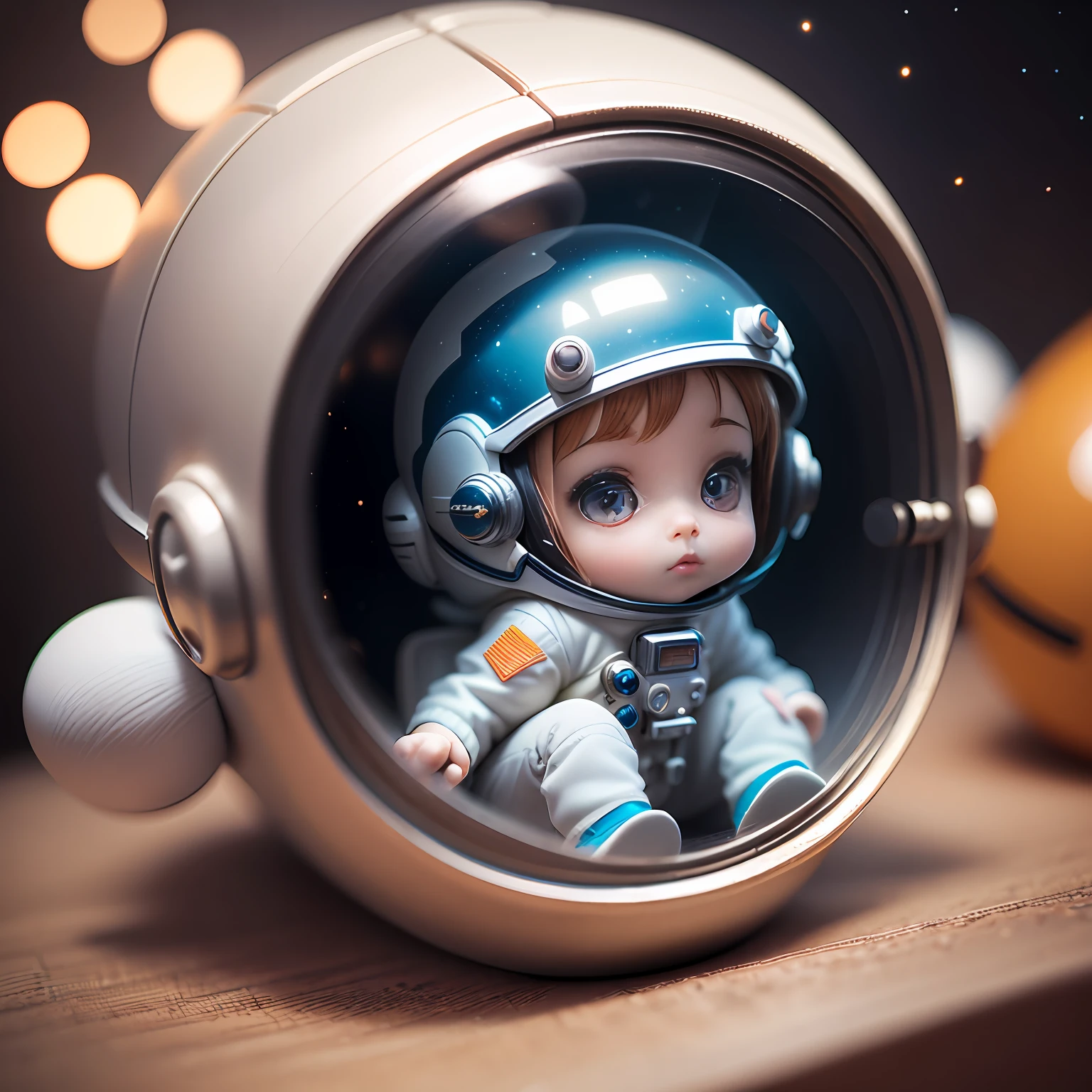 Toy with a little doll with a helmet, cute 3d render, cute detailed digital art, female explorer mini cute girl, cute digital painting, stylized 3d render, cute digital art, cute render 3d anime girl , the little astronaut looks up, cute! c4d, portrait anime space cadet girl, sitting on a white pedestal