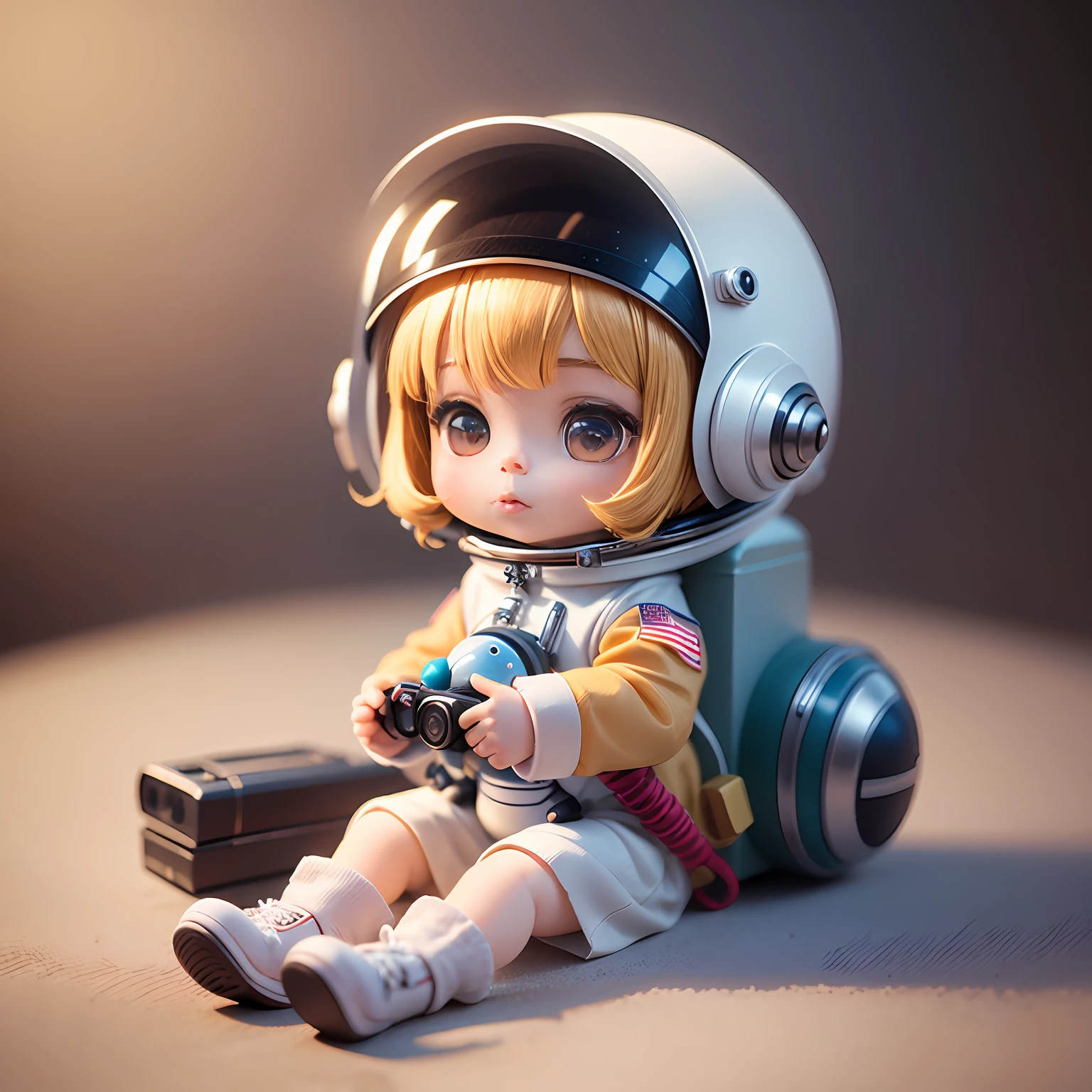Toy with a little doll with a helmet, cute 3d render, cute detailed digital art, female explorer mini cute girl, cute digital painting, stylized 3d render, cute digital art, cute render 3d anime girl , the little astronaut looks up, cute! c4d, portrait anime space cadet girl, sitting on a white pedestal