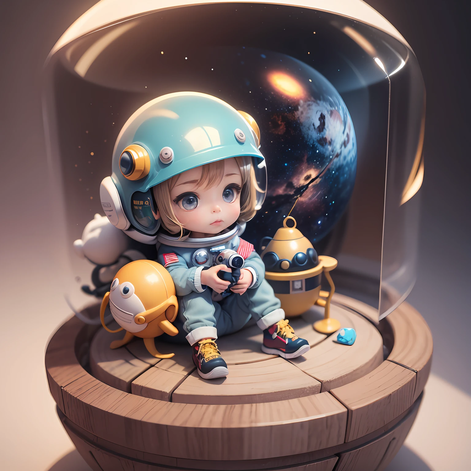 Toy with a little doll with a helmet, cute 3d render, cute detailed digital art, female explorer mini cute girl, cute digital painting, stylized 3d render, cute digital art, cute render 3d anime girl , the little astronaut looks up, cute! c4d, portrait anime space cadet girl, sitting on a white pedestal