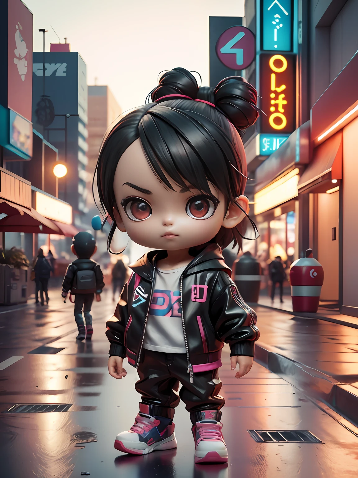 3d toy, 3d rendering, ip, cyberpunk style, chibi, cute  boy, mask, simple background, best quality, c4d, blender, 3D MODEL, TOYS, VIVID COLORS, STREET STYLE, HIGH RESOLUTION, A LOT OF DETAILS, PIXAR, CANDY COLORS, BIG SHOES, FASHION TRENDS, ART