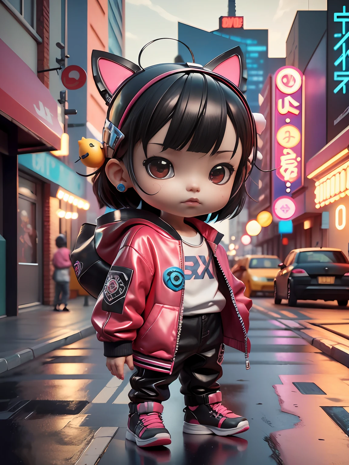 3d toy, 3d rendering, ip, cyberpunk style, chibi, cute boy, mask, simple background, best quality, c4d, blender, 3D MODEL, TOYS, VIVID COLORS, STREET STYLE, HIGH RESOLUTION, A LOT OF DETAILS, PIXAR, CANDY COLORS, BIG SHOES, FASHION TRENDS, ART