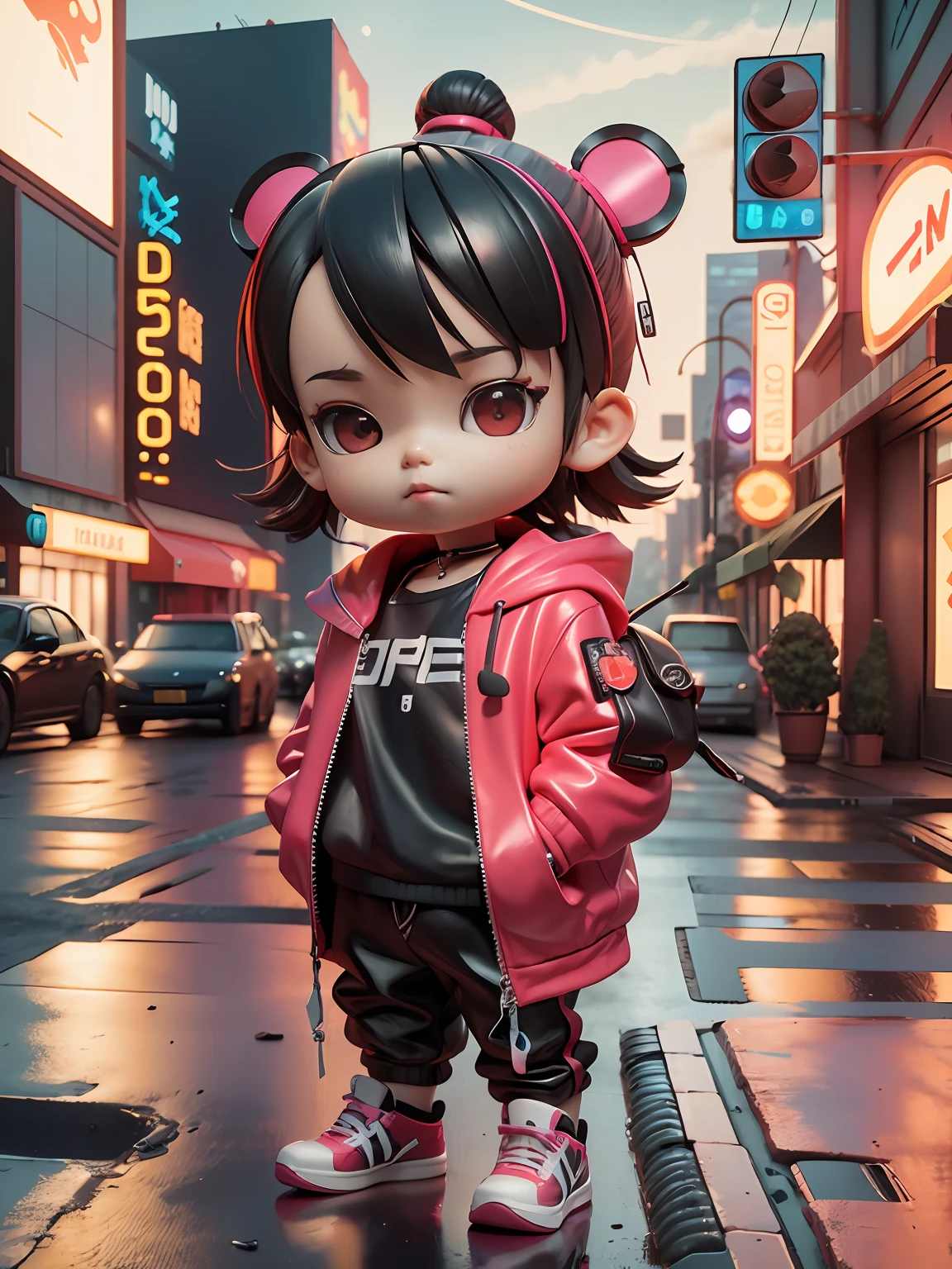 3d toy, 3d rendering, ip, cyberpunk style, chibi, cute little boy, mask, simple background, best quality, c4d, blender, 3D MODEL, TOYS, VIVID COLORS, STREET STYLE, HIGH RESOLUTION, A LOT OF DETAILS, PIXAR, CANDY COLORS, BIG SHOES, FASHION TRENDS, ART