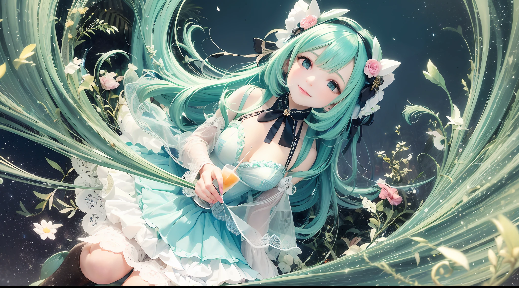 A kawaii girl is pouring a cocktail with a flourish, petals of blue and green cascading around her as she creates a dazzling display.