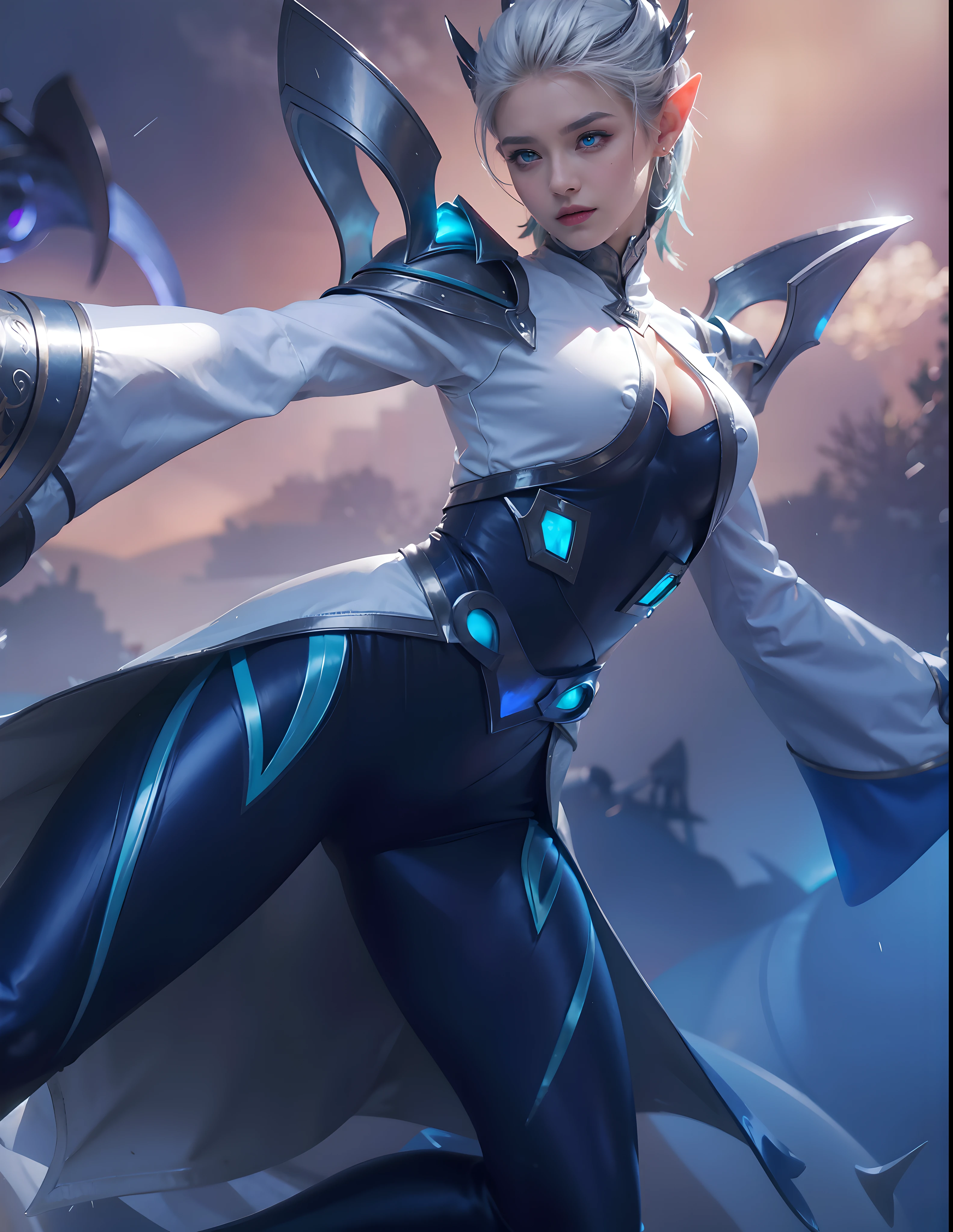 (female:1.2), 8k, ultra hd, ultra detailed texture, hyper realistic, masterpiece, detailed texture, detailed face, detailed skin, detailed lighting, (photorealistic:1.5), best quality, beautiful lighting, cinematic lighting, professional lighting, ultra highres, realistic, detailed hair, real hair, high quality, (realskin:1.5), extremely detailed, finely detail, ultra-detailed, 1girl, solo, elf, flying, floating, pointy ears, (aqua eyes:1.5), glowing eyes, v-shapped eyebrows, black lips, closed mouth, nose, white skin, pretty, beautiful, make up, cute face, short hair, silver hair, large breasts, cleavage, thigh, bodysuit, long sleeves, armor shoulder, pauldrons, cleavage cutout, headgear, leotard dress, eudora \(mobile legends\), depth of field, looking aways, skin tight, amazing pose, glowing, blurry background