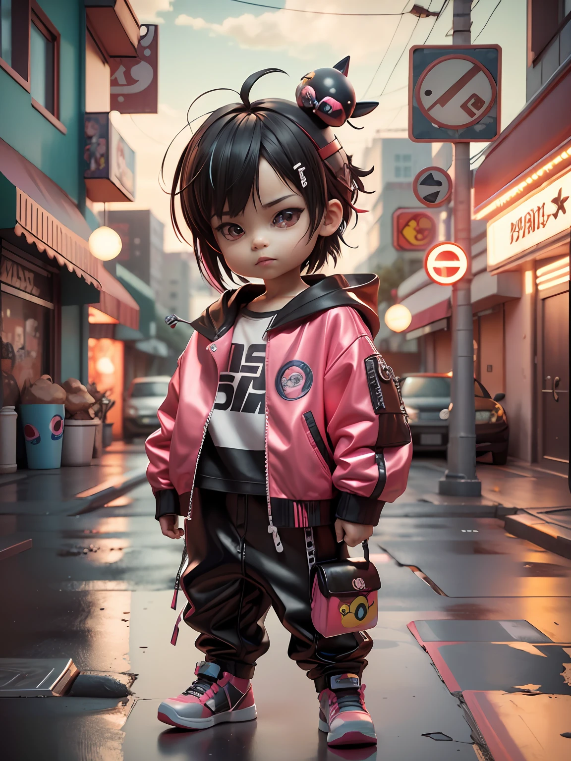 3d toy, 3d rendering, ip, cyberpunk style, chibi, cute little boy, mask, simple background, best quality, c4d, blender, 3D MODEL, TOYS, VIVID COLORS, STREET STYLE, HIGH RESOLUTION, A LOT OF DETAILS, PIXAR, CANDY COLORS, BIG SHOES, FASHION TRENDS, ART