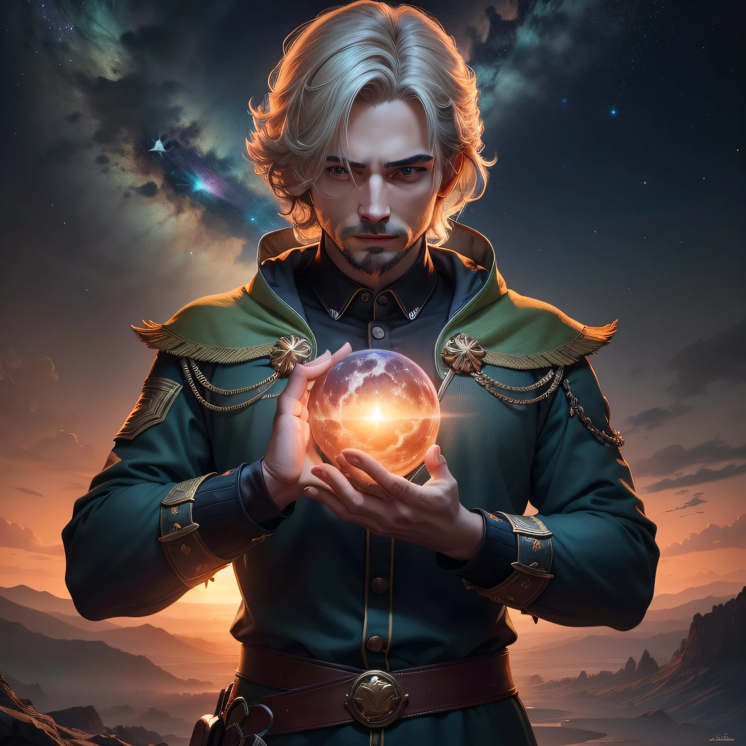 Physical details: um homem, jovem de 32 anos, cabelos loiros curtos, olhos verdes. ((corpo e olhos para o espectador com um semblante feliz))
Detalhes do ambiente: Imagine this man standing, holding planet Earth in your hands on a night with many stars.
Detalhes da imagem: super high res, 16k, super detalhe, preciso, melhor qualidade, cinematic lighthing, Aplicativo de sombra, digital illustation, oil-painting, obra prima. Pay meticulous attention to stunning details and achieve a resolution of 64K for an immersive and realistic visual experience.