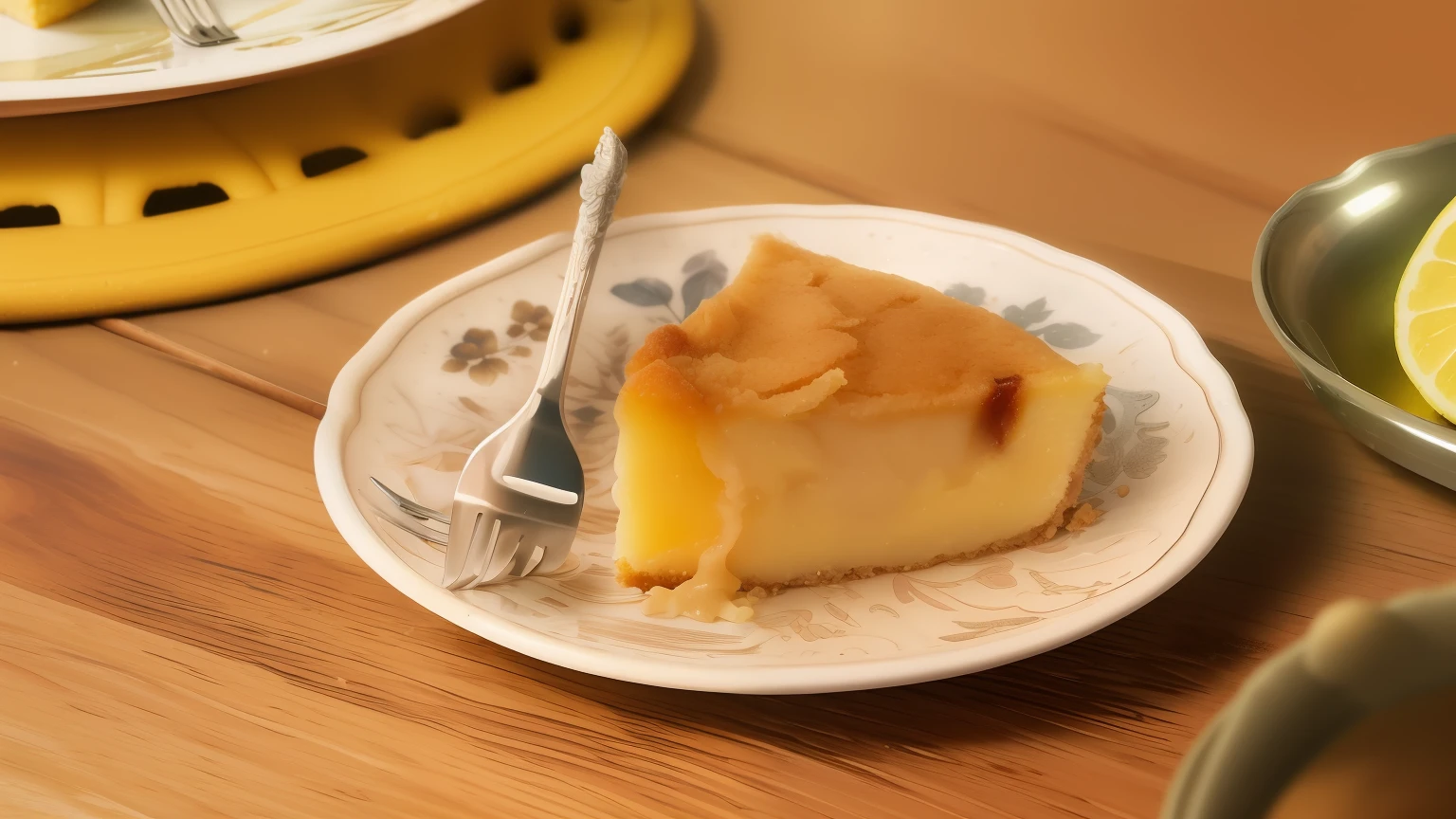 There's a piece of cake on a plate with a fork, Pudim, Apple Pie, fan favorite, bolo, exploitable image, receita, Pastels, com um suave, O melhor, 3 4 5 3 1, 🐿🍸🍋, imagem do produto de alta qualidade", altamente detalhado, caseoso, feito de vidrado, absolutamente, Imagem promocional, arte mista