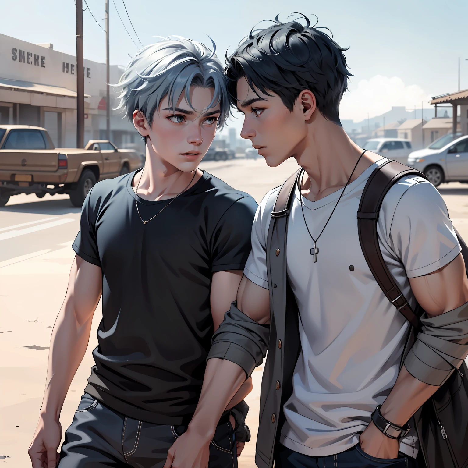 In the background is a silver city Two -yeld tege friends with blue hair, With Latin skin and light gray hair on the outskirts of a large silver city they are talking about an important topic they are friends almost like brothers.......