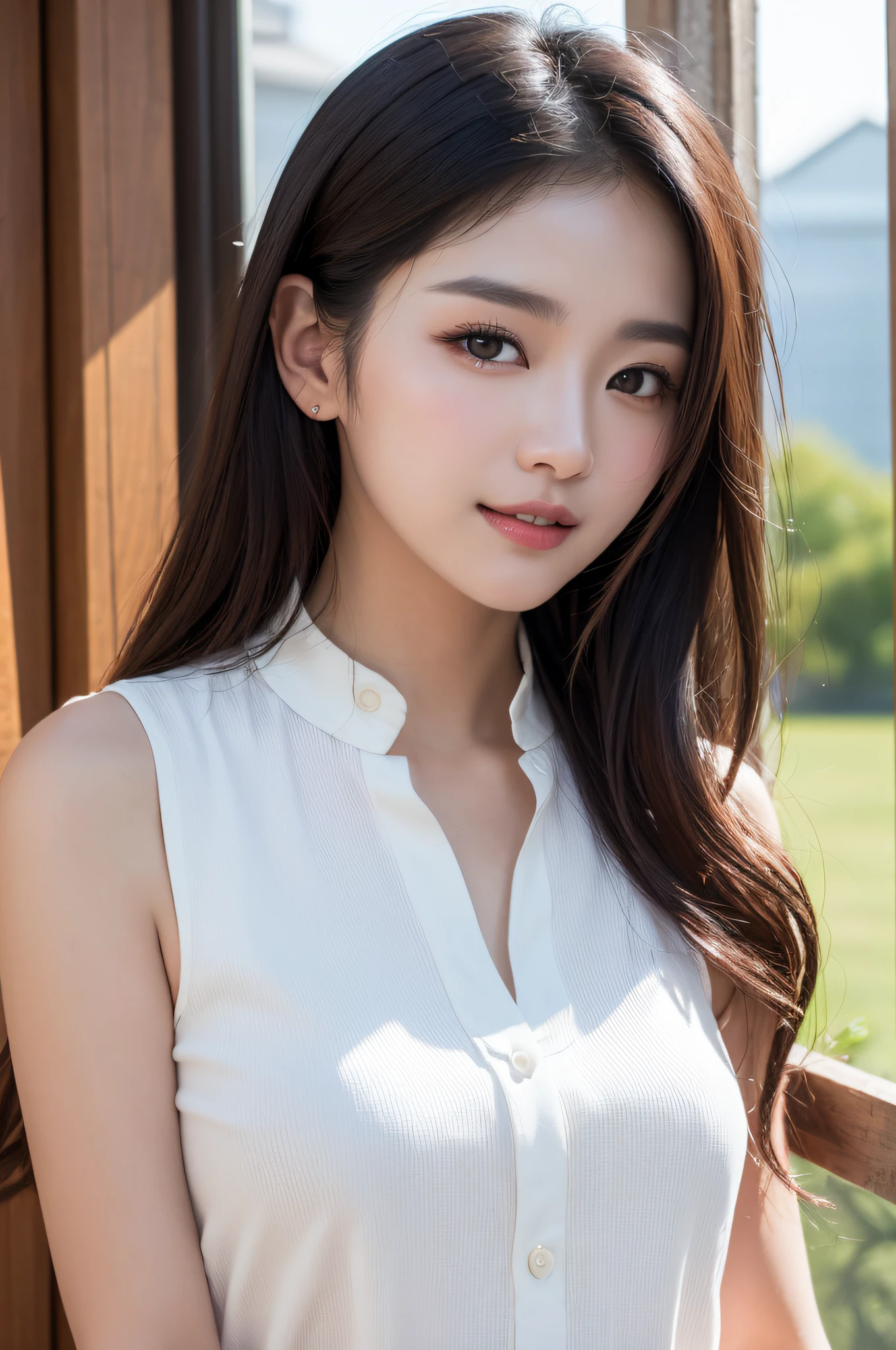 ((best qualtiy、8k masterpieces:1.3))、foco nítido:1.2、(ultra beautiful faces:1.0)、(shinny skin:1.0)、photos realistic、A dark-haired、Video Lighting、High-definition eyes and face、Video Lighting、(cowboy shot:1.3)、(Korean Cute Actress)、from the front side、medium large breasts、ssmile、Sleeveless、Wearing a white blouse