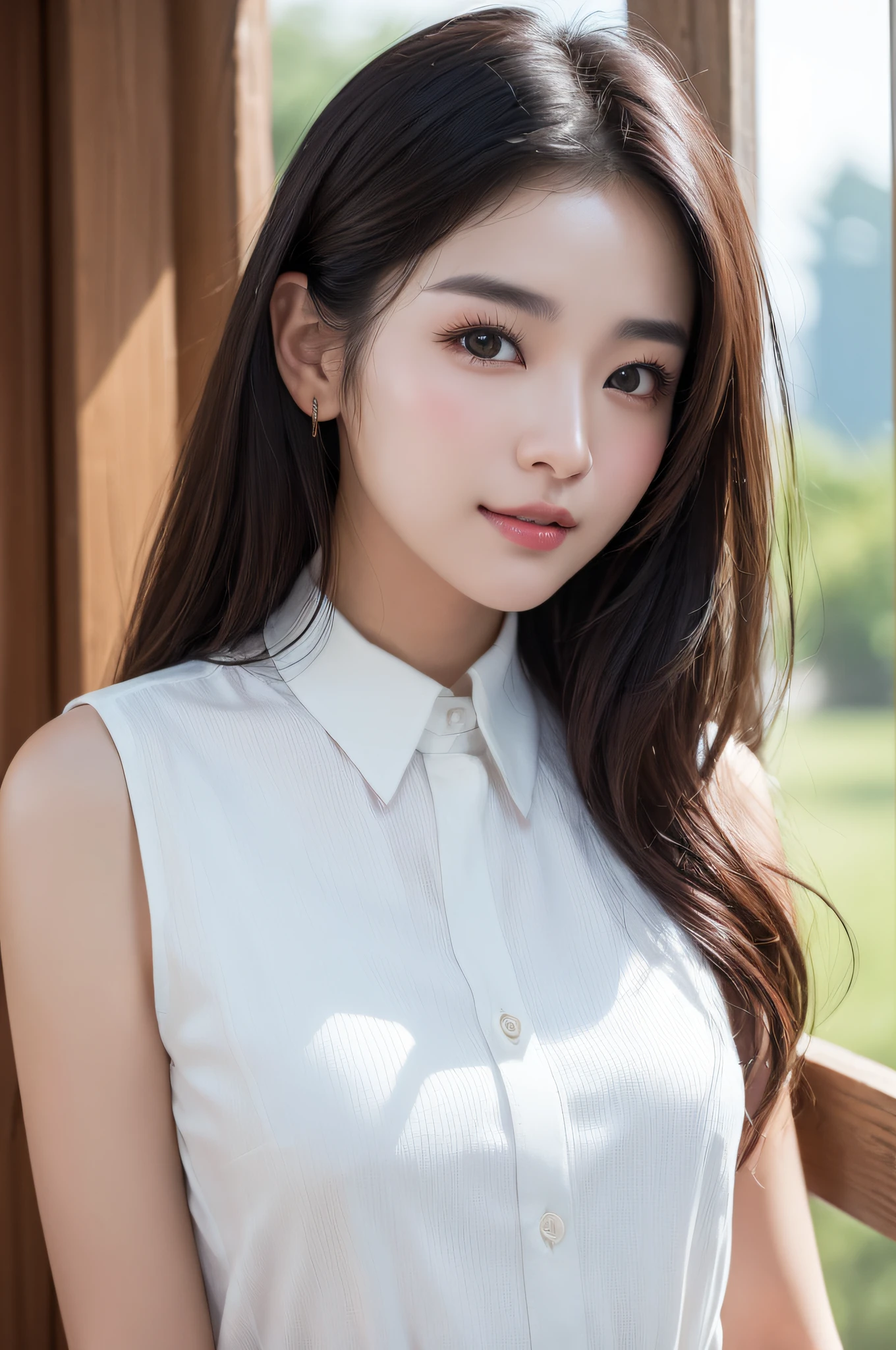 ((best qualtiy、8k masterpieces:1.3))、foco nítido:1.2、(ultra beautiful faces:1.0)、(shinny skin:1.0)、photos realistic、A dark-haired、Video Lighting、High-definition eyes and face、Video Lighting、(cowboy shot:1.3)、(Korean Cute Actress)、from the front side、medium large breasts、ssmile、Sleeveless、Wearing a white blouse