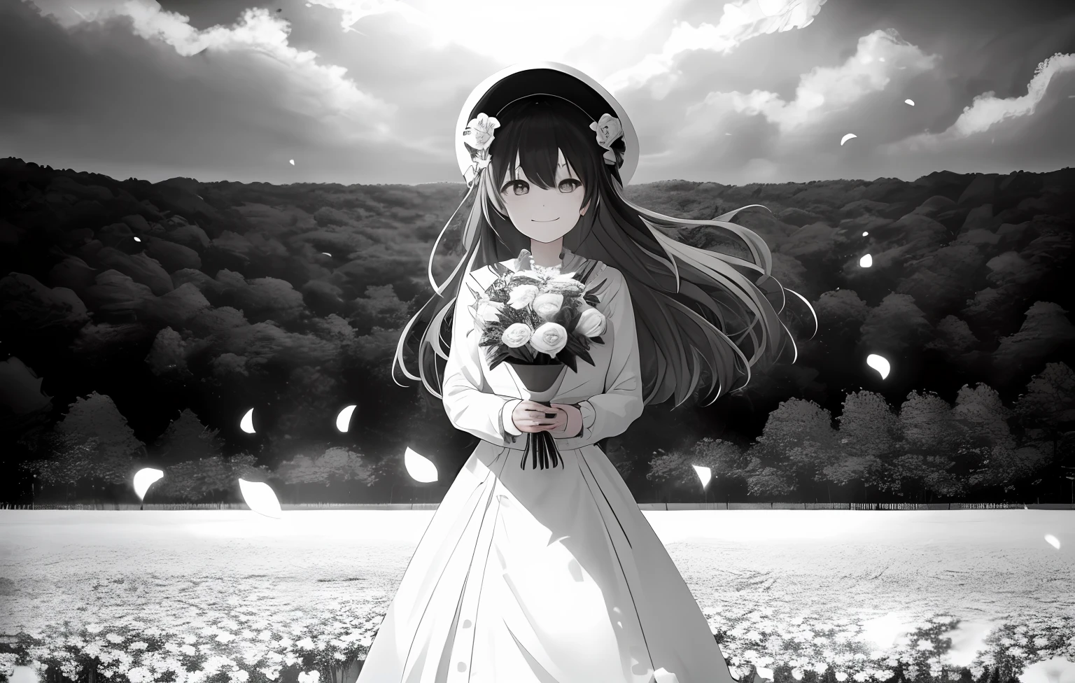masterpiece, best quality, 1girl, solo, long_hair, looking_at_viewer, smile, bangs, skirt, shirt, long_sleeves, hat, dress, bow, holding, closed_mouth, flower, frills, hair_flower, petals, bouquet, holding_flower, center_frills, bonnet, holding_bouquet, flower field, flower field, lineart, monochrome,