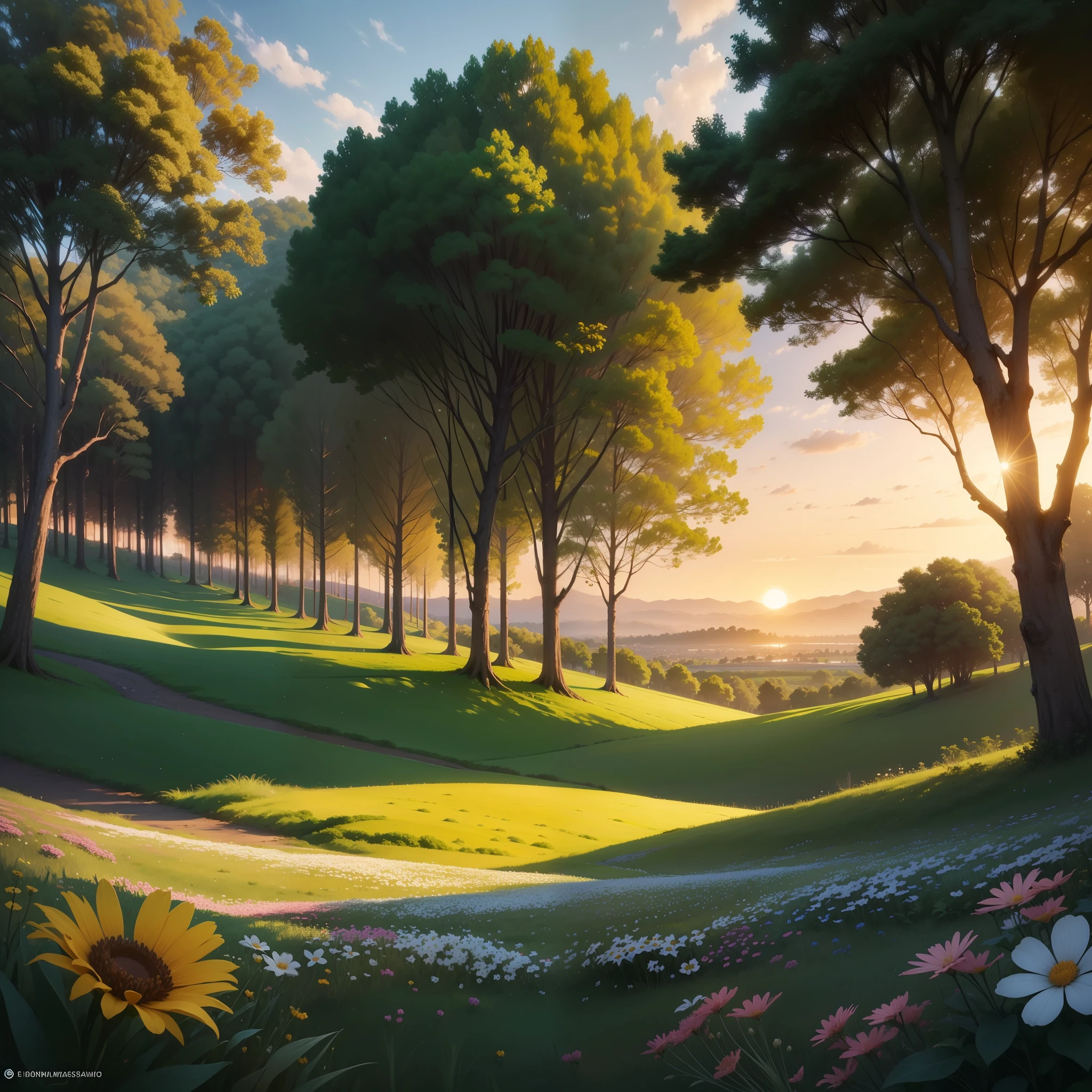 Uma paisagem com campo de flores, e passaros, com outros animais da floresta, com um por do sol de fundo, e com particulas, estilo realista, sem nenhum ser humano