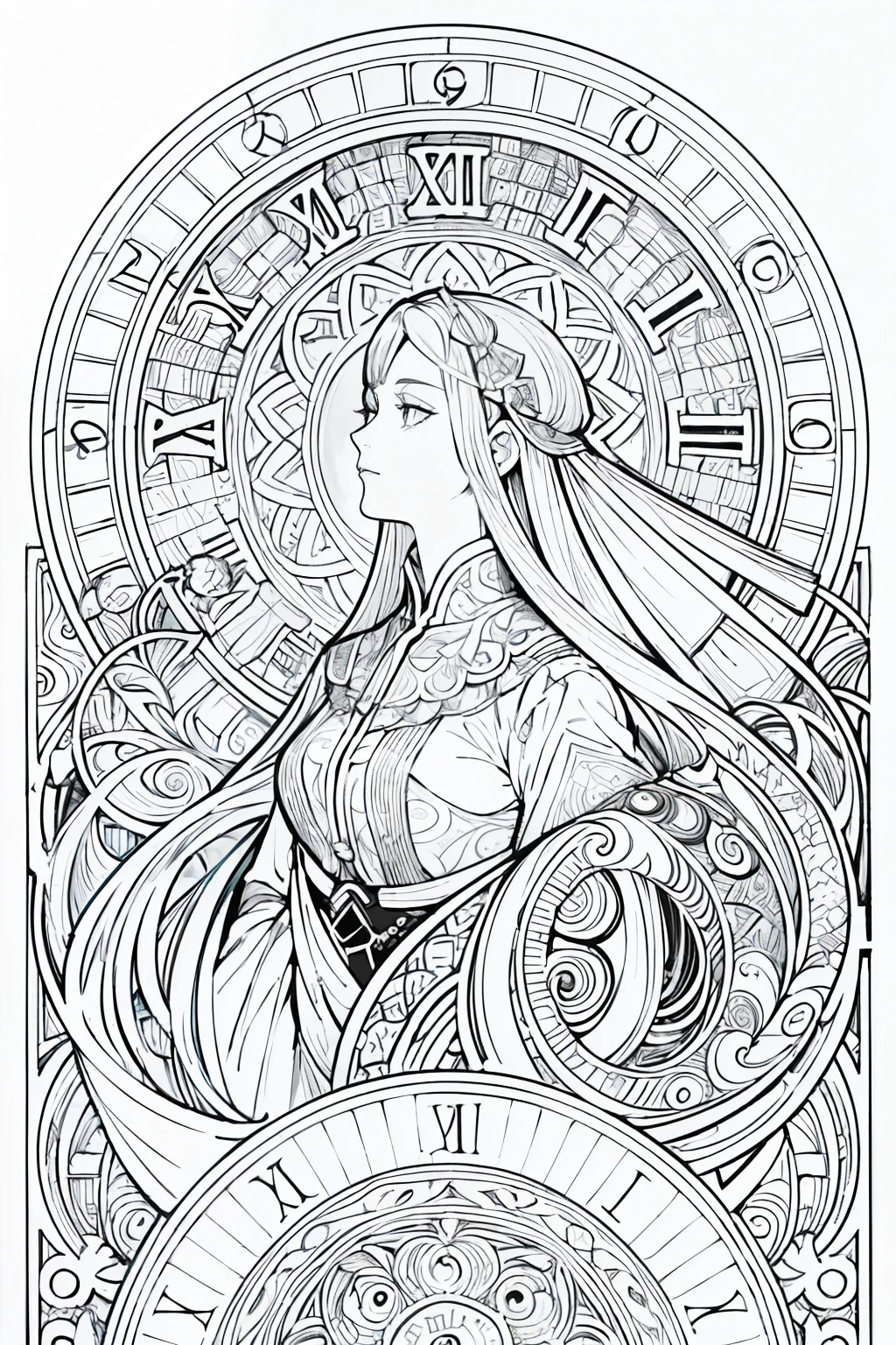 Painting of a woman with long hair and a clock, Beautiful line art, black and white line art, Beautiful line art, Very fine ink strokes, high detailed official artwork, Black Line Art on White, artwork,Does not drain black, Coloring Book, highly detailed exquisite fanart, Black ink strokes, Fantasy Fan Art, By Yoshihiko Wada, Art Nouveau Universe Show,Art by Alphonse Mucha ,draft,Only character lines and scenes remove color......, Not shadows.,(master-piece, beste-Qualit, highres:1.4), Detailed, intricate detailed, 10, color splashes, line art, Fibonacci,