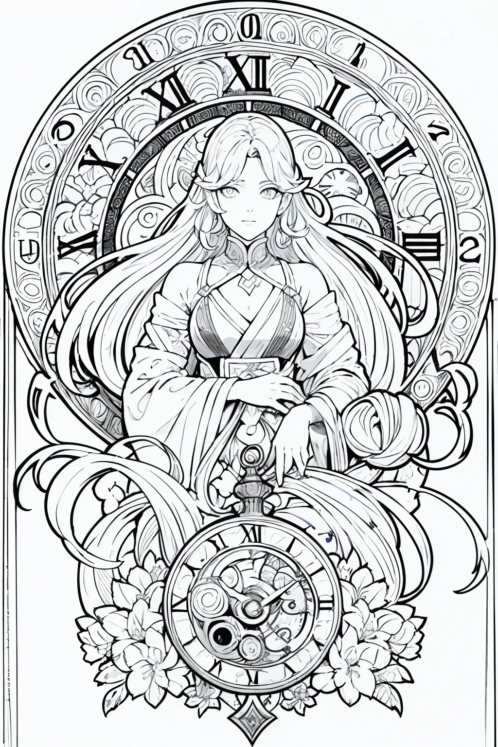 Painting of a woman with long hair and a clock, Beautiful line art, black and white line art, Beautiful line art, Very fine ink strokes, high detailed official artwork, Black Line Art on White, artwork,Does not drain black, Coloring Book, highly detailed exquisite fanart, Black ink strokes, Fantasy Fan Art, By Yoshihiko Wada, Art Nouveau Universe Show,Art by Alphonse Mucha ,draft,Only character lines and scenes remove color......, Not shadows.,(master-piece, beste-Qualit, highres:1.4), Detailed, intricate detailed, 10, color splashes, line art, Fibonacci,