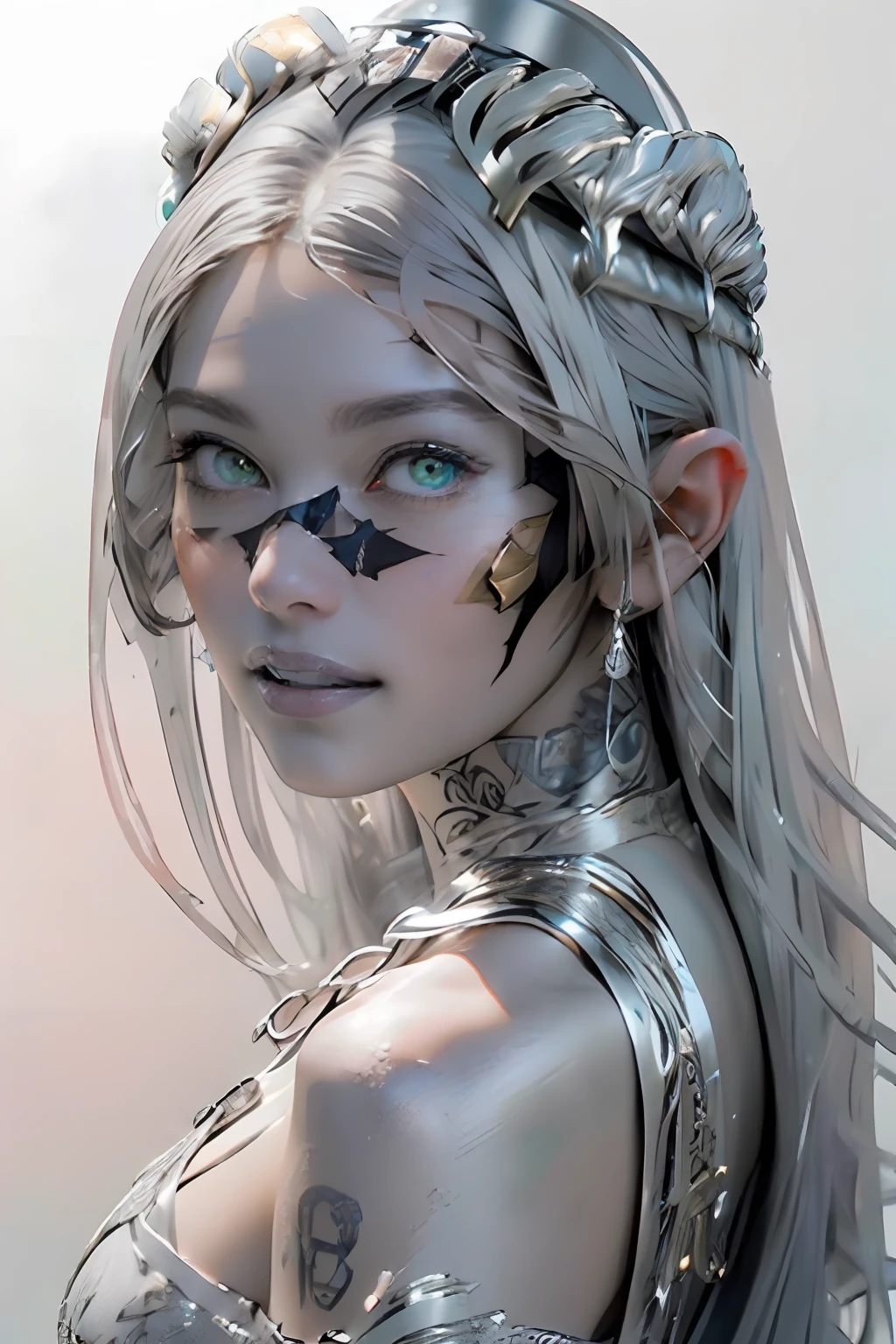 Ultra-detailed complex 3D rendering of the face, (masterpiece, top quality, octane rendering,), glamour shots full body image, very beautiful young elves, cleavage, (highly detailed skin: 1.2), (exposure: 1.1), ((blue micro bikini: 1.95)))). , 8k, (((very soft breasts)), (((conspicuous large pink areola)), beautiful Caucasian woman with white skin with full soft breasts with big buttocks, one, long braided hair, big breasts, dynamic angles, (((huge breasts: 2.4)), ultra-realistic photos, ((((((silver hair)))), futuristic urban background, facial muscles, (((((detailed and glamorous silver crown)))), In the style of Marvel Comics, ArtStation Trends, Clear Focus, Intricate Details, Very Detailed, Detailed Green Eyes, Sharp Focus, Digital Rendering, Professional, Abs, Lip Gloss, Glossy Skin, Sexy Pose, Golden Tattoo All Over Body, Silver Pattern All Over Body, Silver Lame Skin, Gold Glitter Skin, Mansuji, Buttocks, Jeweled All Over the Body, with silver scales, silver hair,