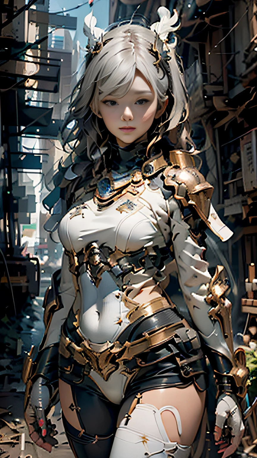 ((best quality)), ((masterpiece)), ((realistic)), (detailed), (photorealistic:1.5), a futuristic girl, (thick body), (white bodysuit), lights on armor, cybernetic headwear, looking at viewer, dynamic pose, post apocalyptic, destroyed city background, buildings on fire, science fiction, hdr, ray tracing, nvidia rtx, super-resolution, unreal 5, subsurface scattering, pbr texturing, post-processing, anisotropic filtering, depth of field, maximum clarity and sharpness, rule of thirds, 8k raw, (luminescent particles:1.4), (extremely detailed cg, unity 8k wallpaper, 3d, cinematic lighting, lens flare), reflections, sharp focus, cyberpunk art, cyberpunk architecture,