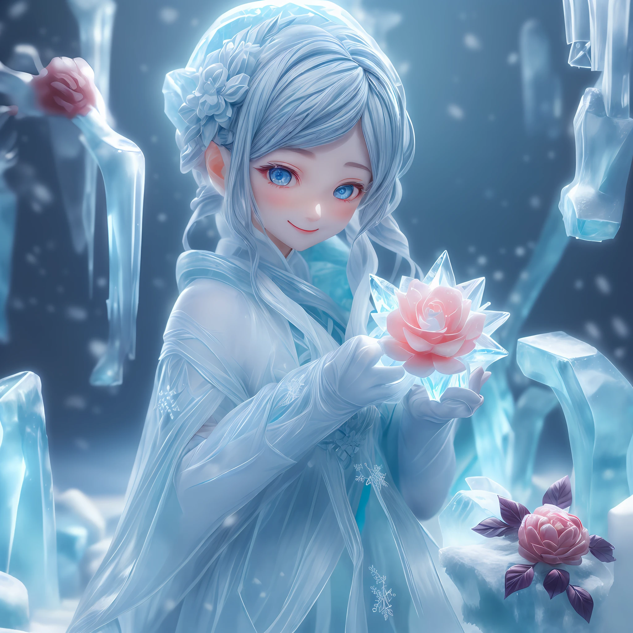 (ice sculpture:1.4),cinematic angle,(Cute Ice made Girl,anatomically correct,full body, Masterpiece Ice Sculpture camellia,Masterpiece Ice made Hanfu,Ice made mitten,smile),Ice and Snow World, snowflake,(Best quality, high detailed, Masterpiece, Cinematic Lighting, 4K)