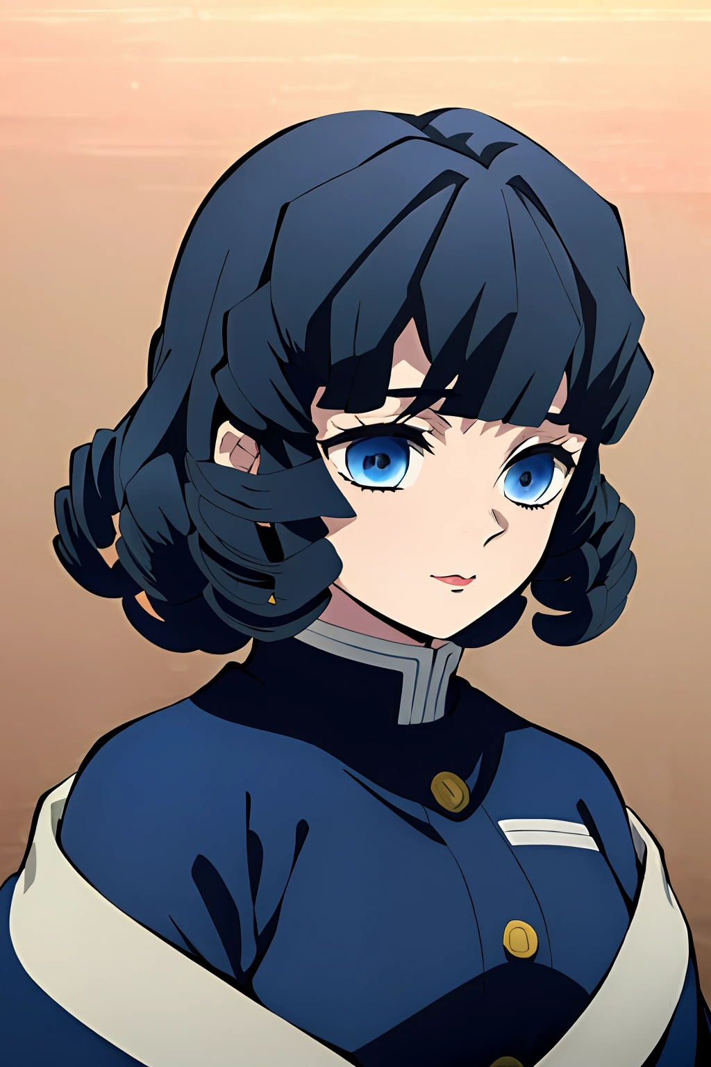 Kimetsu no Yaiba style, 1girl, Short curly dark blue hair, A voluminous hairstyle with curly curls in all directions, Bangs, blue eyes, Demon Slayer Uniform, 独奏, anime coloring, ((portraite of a)), ((Masterpiece)), (((hiquality)))