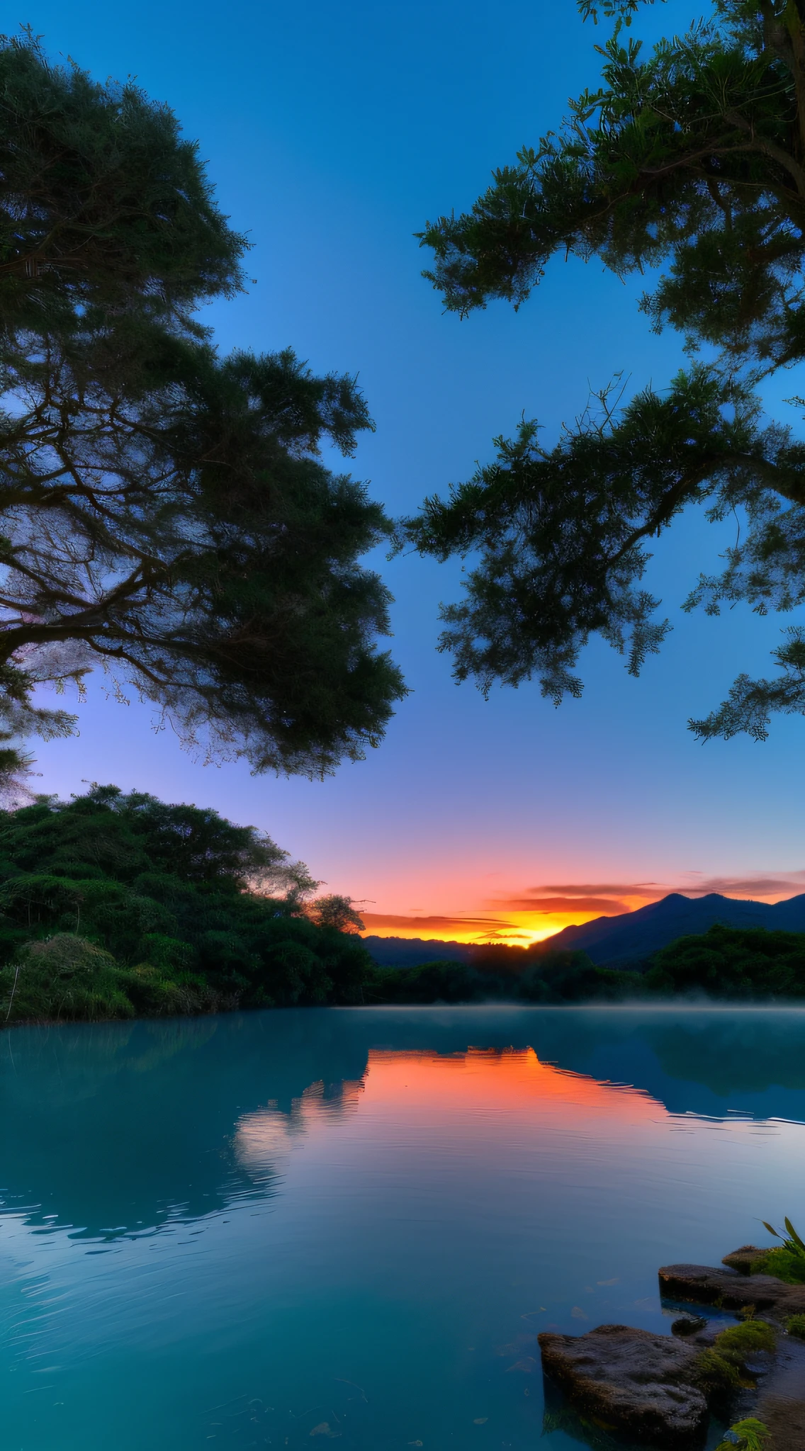 No horizonte, The sun is setting gently, dyeing the sky with warm shades of orange, rosa e roxo. At the edge of the pond, A beautiful and serene blue lagoon reflects the colors of the sky, creating a breathtaking scenery.

The crystal clear water of the lagoon is calm, with small waves that dance gently on the surface. The blue-green hue of the lagoon contrasts harmoniously with the banks full of lush vegetation and some trees of dense foliage.

In the scenery, There are distant mountains and gentle hills that frame the landscape, emoldurando a lagoa com beleza natural. A luz suave do fim de tarde ilumina delicadamente o entorno, Giving a magical touch to the scene.

The tranquil and serene atmosphere of the lagoon invites contemplation, providing a moment of peace and connection with nature. This image is a true work of art from Mother Nature, capturando a magia de um final de tarde em uma bela lagoa azul.