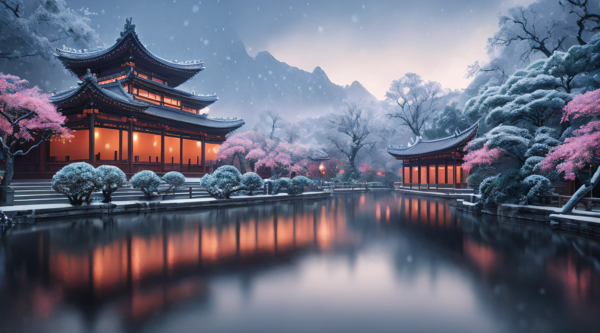 masterpiece, best quality, high quality, extremely detailed CG unity 8k wallpaper, classical chinese garden, scenery, amsterdam, winter,((snowing)),outdoors, sky, day, landscape, water, tree, blue sky, waterfall, nature, lake, river, cloudy sky,award winning photography, Bokeh, Depth of Field, HDR, bloom, Chromatic Aberration ,Photorealistic,extremely detailed, trending on artstation, trending on CGsociety, Intricate, High Detail, dramatic, art by midjourney