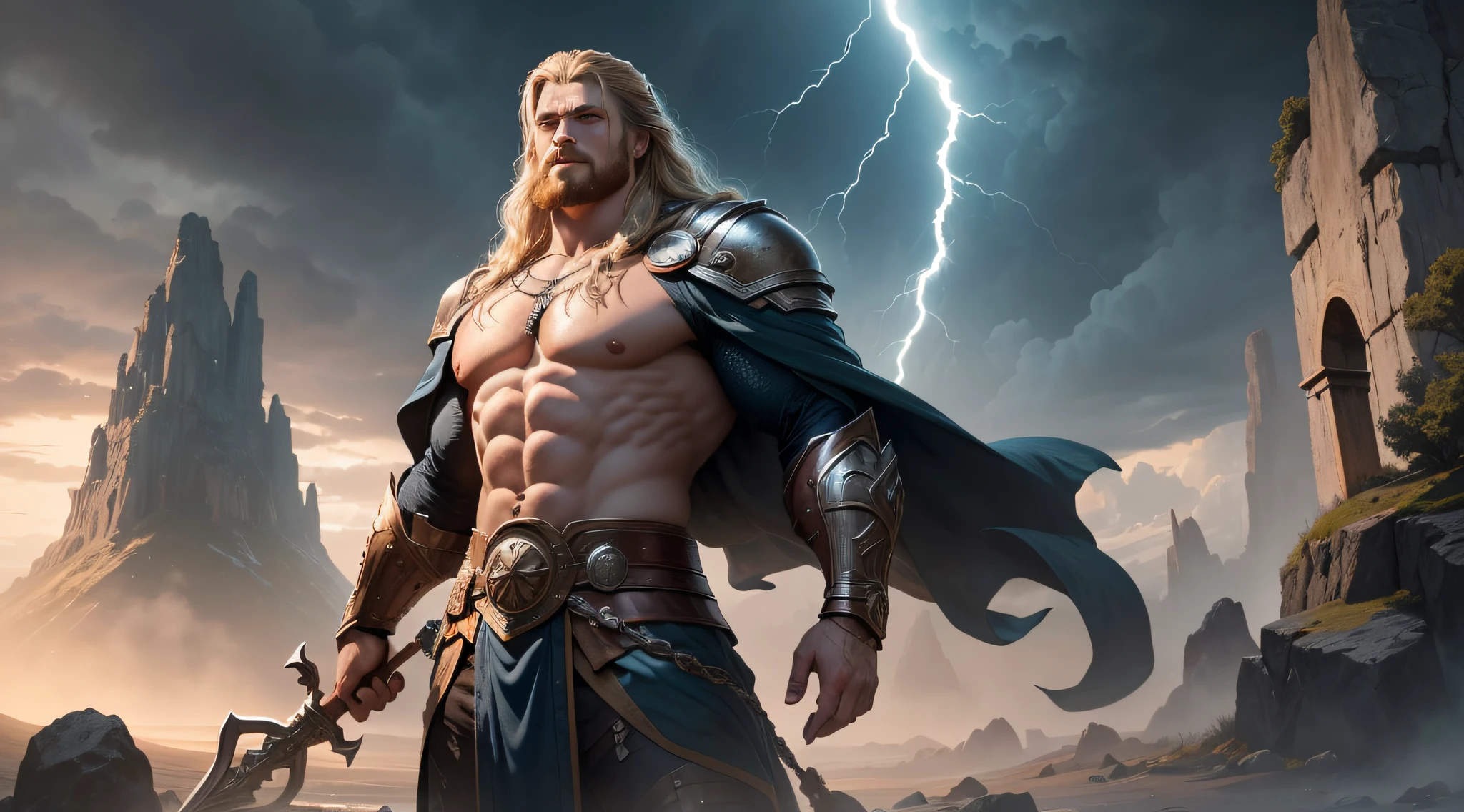 Na imagem fantasiosa de Thor, The mighty Norse god of thunder, vemos uma figura imponente e majestosa, shrouded in an aura of strength and power.

He is pictured standing, with a heroic and confident posture, Holding tightly to his magic hammer, the famous Mjölnir, In one hand. The hammer is adorned with runic symbols and emits thunderbolts and lightning, representing your ability to control the forces of nature.

O cabelo louro de Thor flui ao vento, and his golden beard adds a touch of wisdom and maturity to his appearance.

He's wearing powerful armor, composta de metal brilhante, that protects you in epic battles against formidable enemies.

Ao seu redor, Thunder and lightning light up the sky, highlighting its connection to storms and atmospheric phenomena.

The scenery is a mountainous and imposing landscape, with dark, dramatic clouds hovering over the horizon, emphasizing his warrior nature and his connection with nature.

Ao fundo, the hall of Valhalla is glimpsed, revealing his divinity and status as one of the main gods of the Norse pantheon.

Behind him, Members of the Heavenly Court and Warriors of the Gods are gathered, in a scene that evokes the grandeur of epic stories and Norse myths.

This fanciful image of Thor personifies his heroic aura and legendary strength, retratando-o como um deus guerreiro, corajoso e nobre. He is depicted as a divine figure whose heroic exploits inspire admiration and respect, while he protects Asgard and his allies against the threats that rise against them.