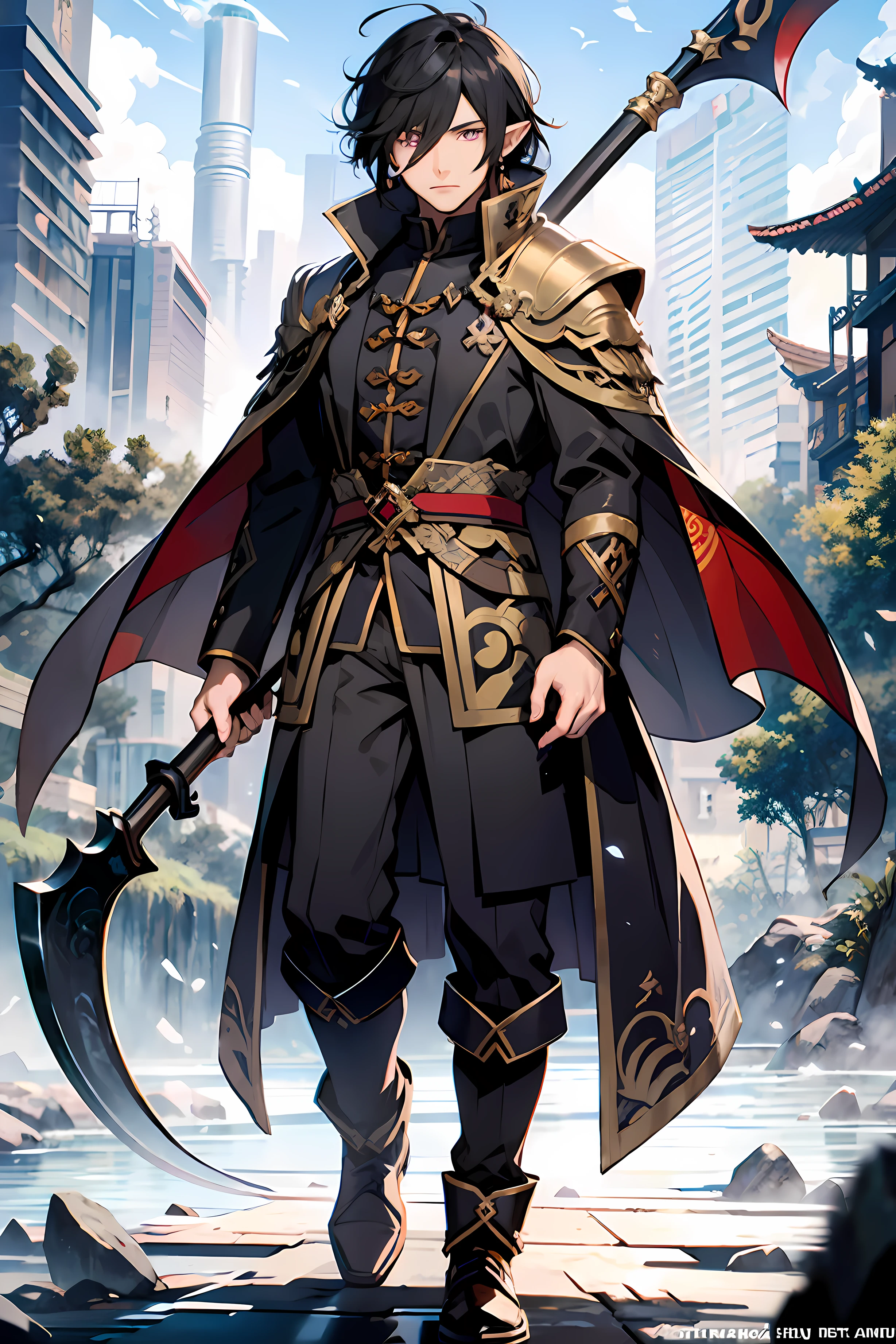 masterpiece, best quality, one man, 1man, 16 years old, full body, elf, messy black hair, anime style, necromancer, carrying a scythe, death scythe, black hair, eyes bright purples, purple and black noble clothes, traditional Chinese clothing, medieval suit, genshin_impact scaramouche_(genshin_impact) highres 1boy alternate_costume, black_nails, epic art, detailed art, arcane art style, high quality anime art, epic character, arcane concept art, highly detailed exquisite fanart