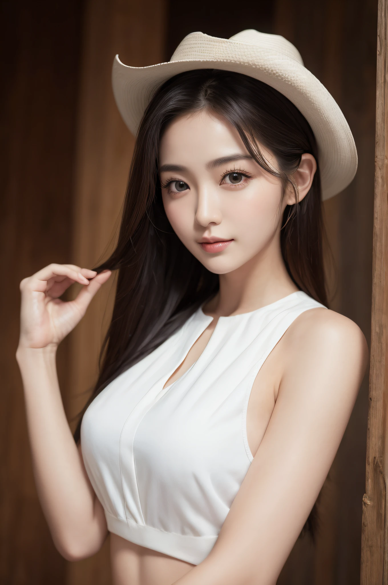((best qualtiy、8k masterpieces:1.3))、foco nítido:1.2、(ultra beautiful faces:1.0)、(shinny skin:1.0)、photos realistic、A dark-haired、Video Lighting、High-definition eyes and face、Video Lighting、(cowboy shot:1.3)、(Korean Cute Actress)、from the front side、medium large breasts、ssmile、Sleeveless、Slender Abs Beauty、Wearing a white blouse