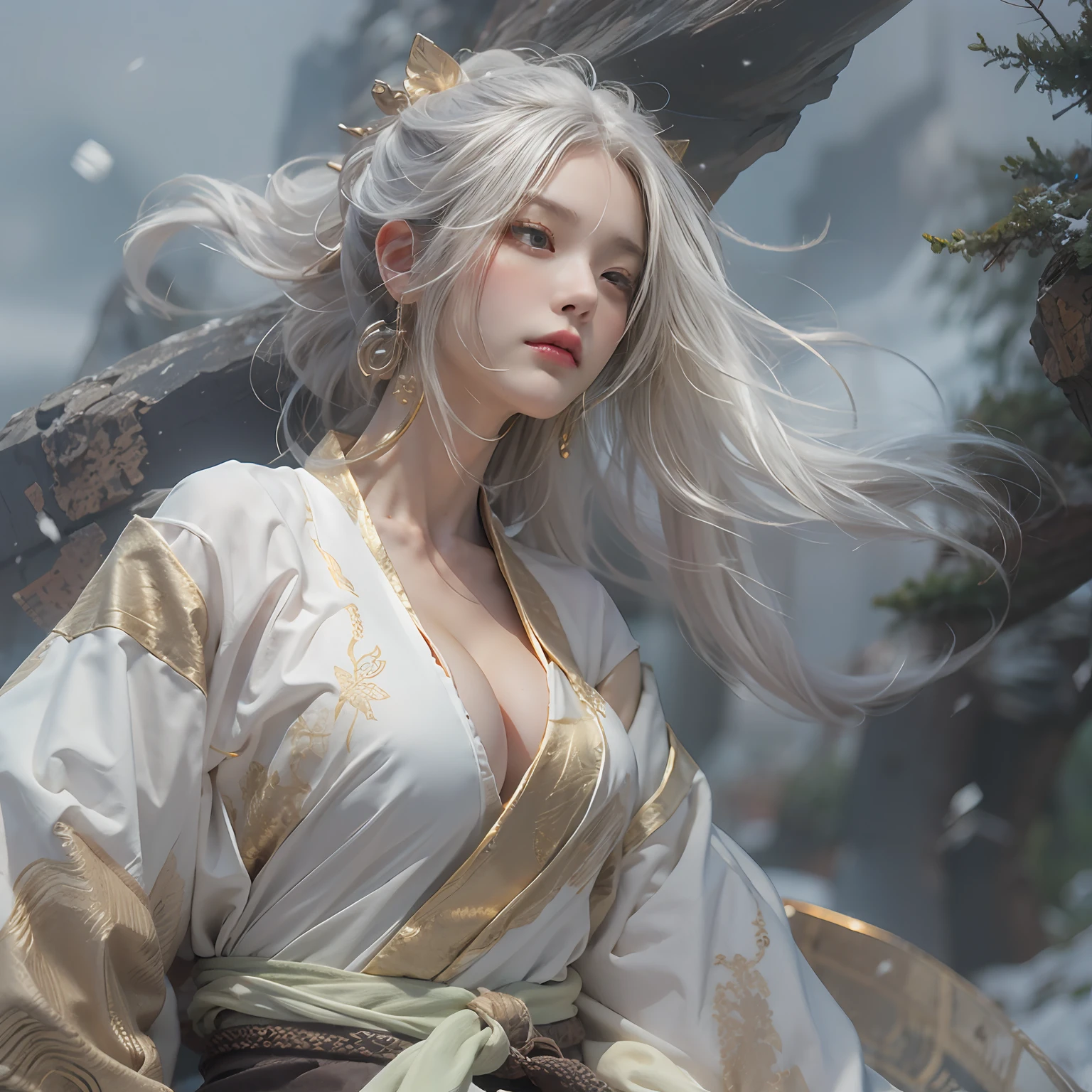 8K， super detailing，Don Dao， a pregirl，（Fighting posture:1.5），独奏， （A long sword in his hand），Hanfu，short  skirt， super detailing，  tmasterpiece，On the outside，Snowy mountain background，Winters，snowflower，Full body like，（big breasts exposed cleavage，Shoulders exposed，鎖骨），Golden ratio figure，scowling， beauitful face，rape face， White hair， messy  hair， From the side Side，Eyes full of details，Optimal proportions of four fingers and one thumb，