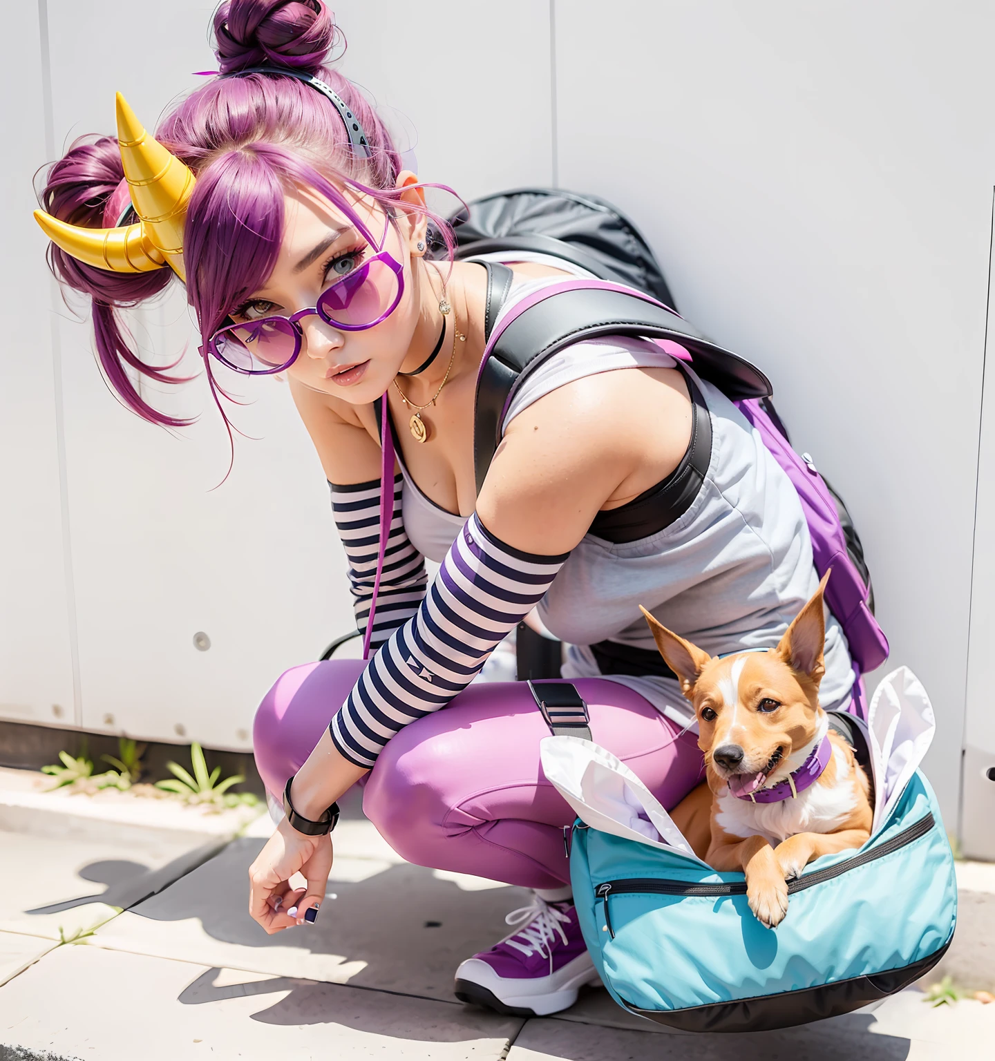 garota cabelo rosa, Penteado Bun, cap with purple horns, Cosplay, Round Eyewear, WMASK, vestindo top amarelo, Striped beatings on the arms, backpack carrying a dog